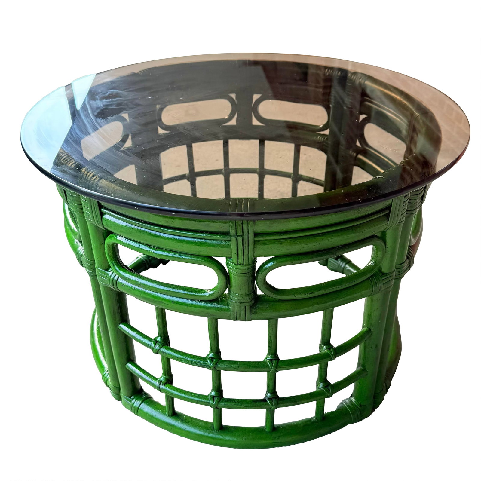 Mid-Century Bespoke Green Rattan Smoked Glass Side Table - Newly Painted: Step into a stylish and timeless aesthetic with this stunning vintage green rattan and bamboo coffee table, perfect for enhancing your living space. Featuring a striking smoked glass top and a