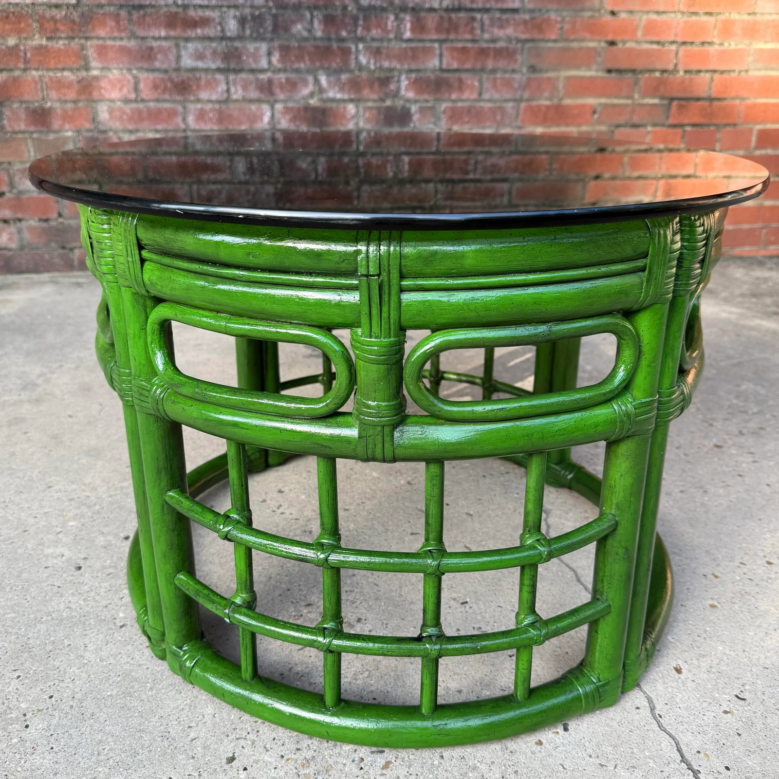 Mid-Century Bespoke Green Rattan Smoked Glass Side Table - Newly Painted - 2