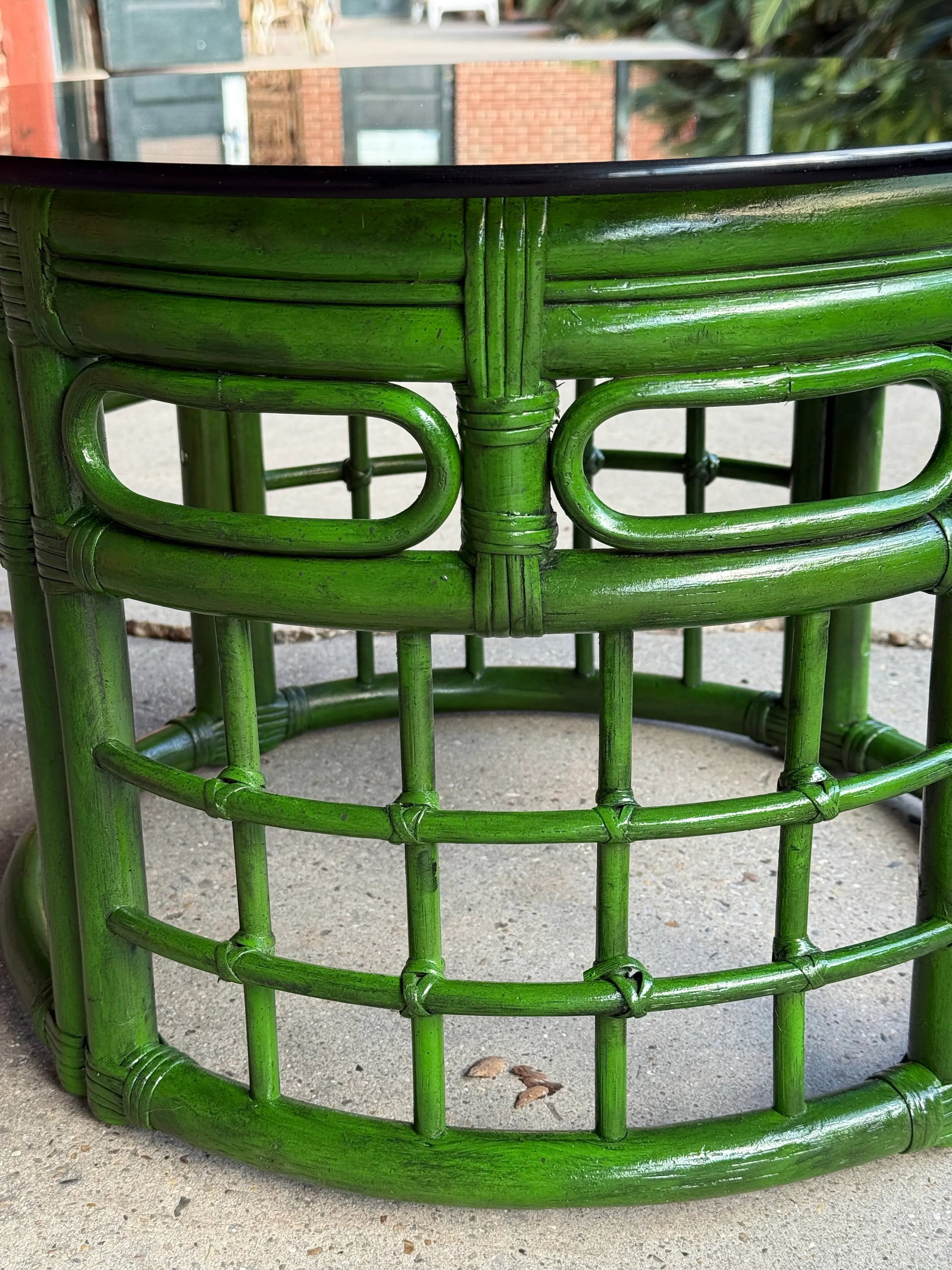 Mid-Century Bespoke Green Rattan Smoked Glass Side Table - Newly Painted - 6