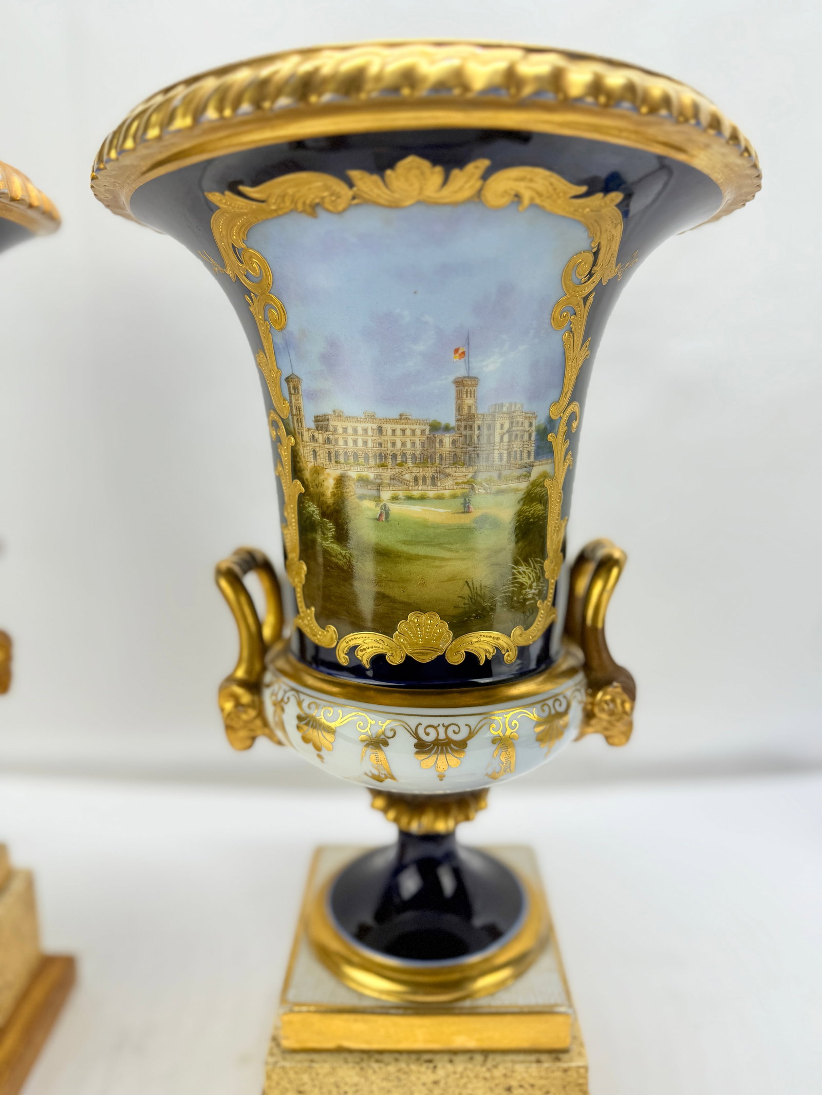 Attr. Minton Cobalt Urns With Osborne House and Mediterranean Port Views, "Ward" - 4