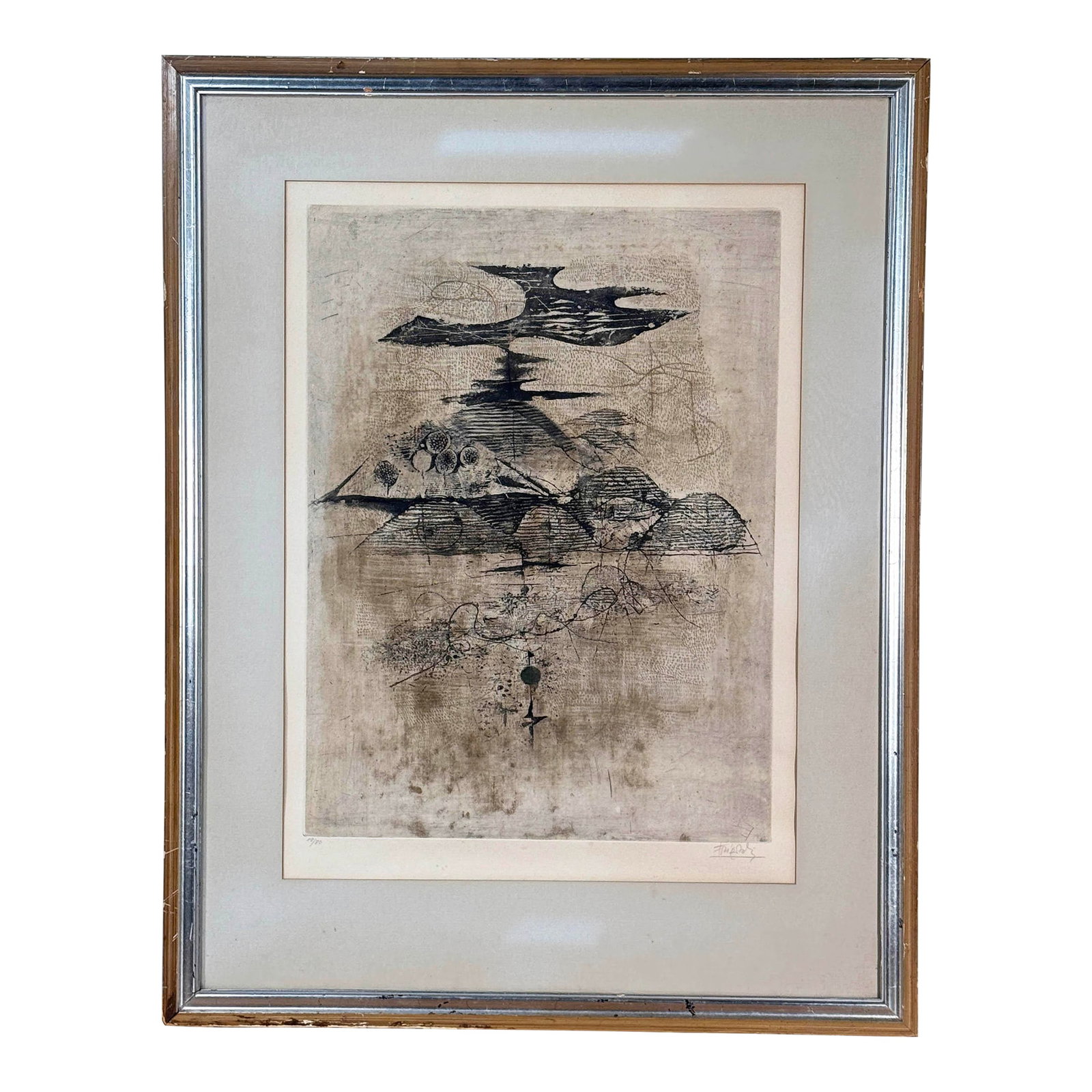 Modernist Johnny Friedlaender Signed Abstract Surrealist Print Etching: A signed and numbered limited-edition etching by renowned German-French printmaker Johnny Friedlaender (1912–1992). This impression is #19 of 80, pencil signed by the artist along the lower