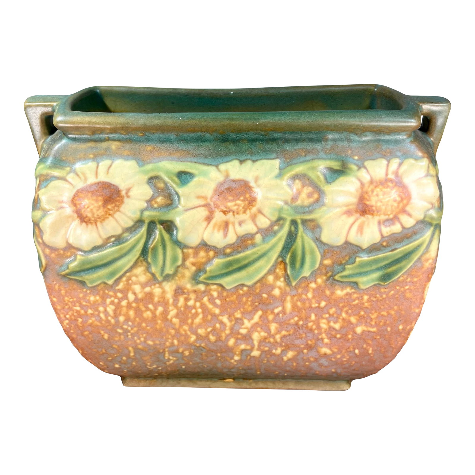 Antique Roseville Dahlrose Art Pottery Vase: Introduced by Roseville Pottery in 1928. Dahlrose is decorated with a daisy-type, yellow flower and green leaves on a textured, greenish-brown base. Condition: Alterations: Original Condition