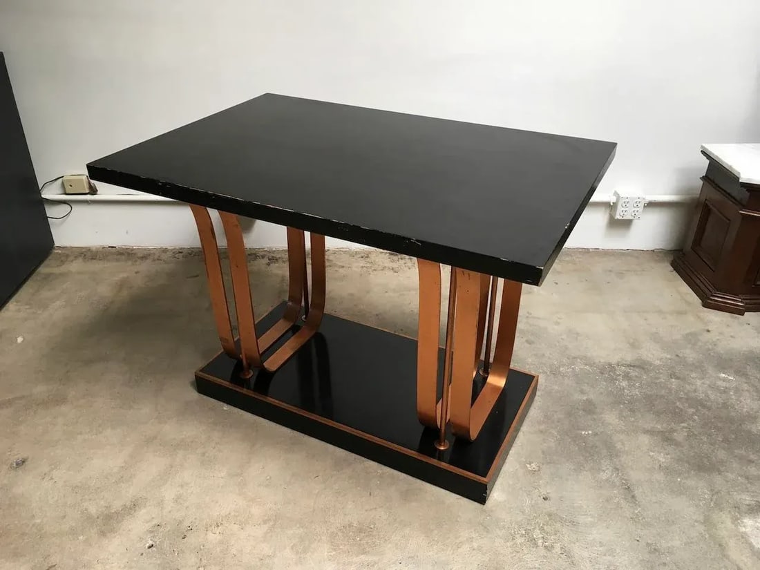 Rare American Art Deco Center Table in Gloss Black Lacquer With Copper Accents "” Likely - 10