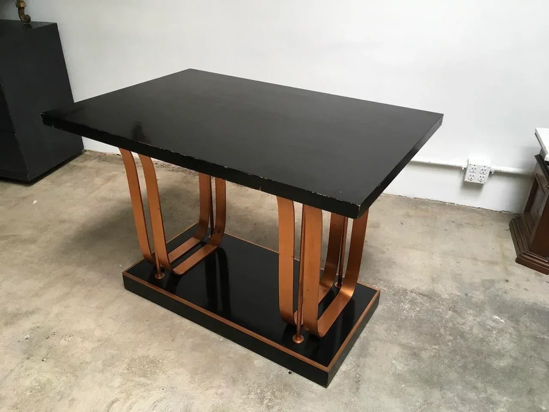 Rare American Art Deco Center Table in Gloss Black Lacquer With Copper Accents "” Likely - 11