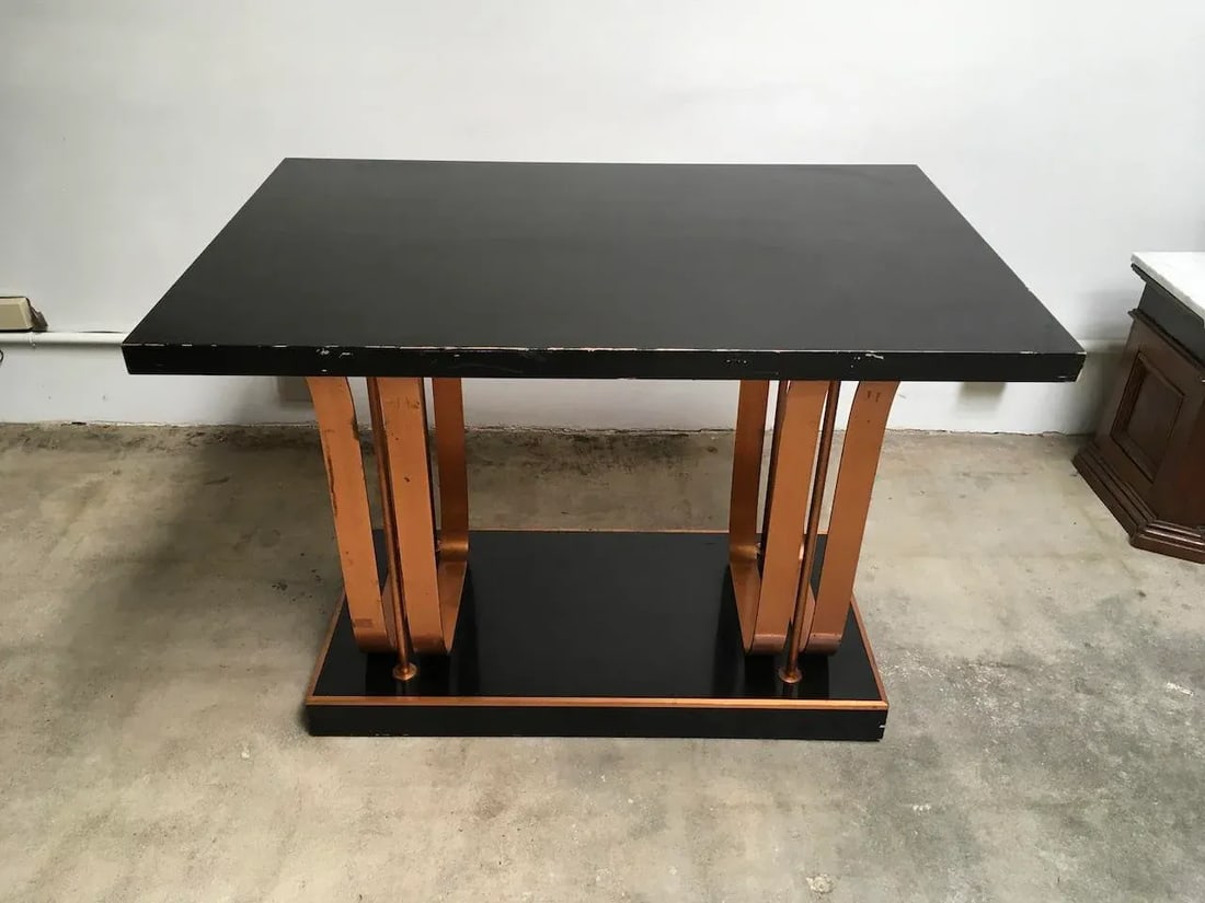 Rare American Art Deco Center Table in Gloss Black Lacquer With Copper Accents "” Likely - 2