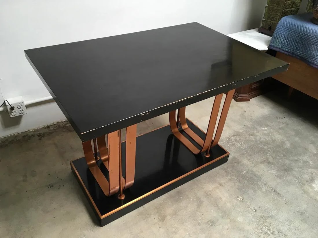 Rare American Art Deco Center Table in Gloss Black Lacquer With Copper Accents "” Likely - 4