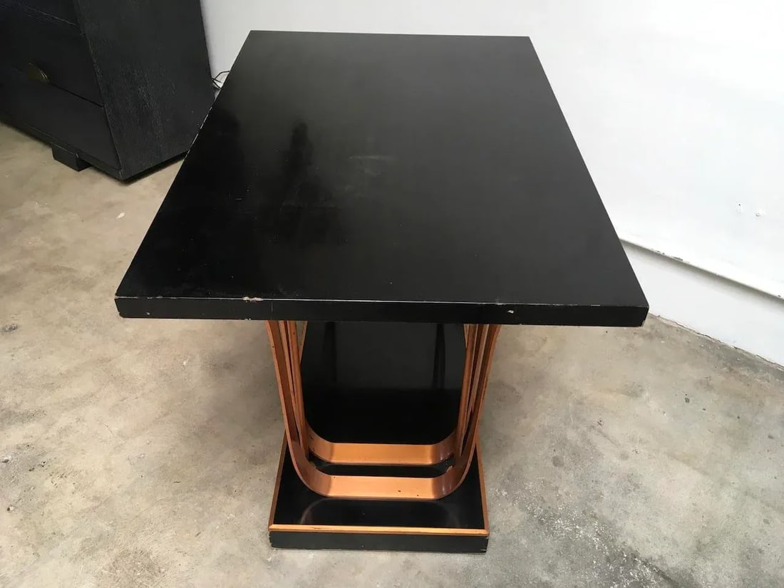 Rare American Art Deco Center Table in Gloss Black Lacquer With Copper Accents "” Likely - 5