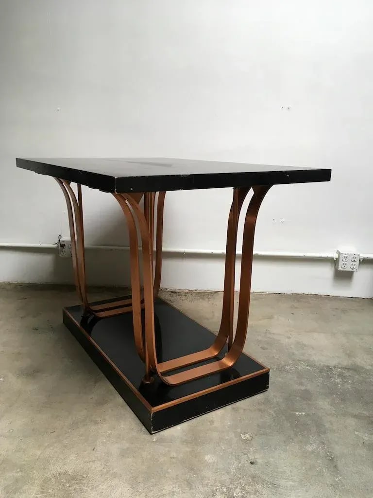 Rare American Art Deco Center Table in Gloss Black Lacquer With Copper Accents "” Likely - 9