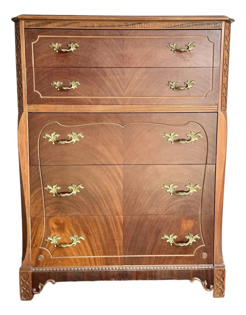Antique French Provincial Style Wooden Highboy by Imperial Furniture Manufacturing: This exquisite French Provincial highboy captures the romance and refinement of early 20th-century craftsmanship. Made by Imperial Furniture Manufacturing, it features gracefully curved drawer