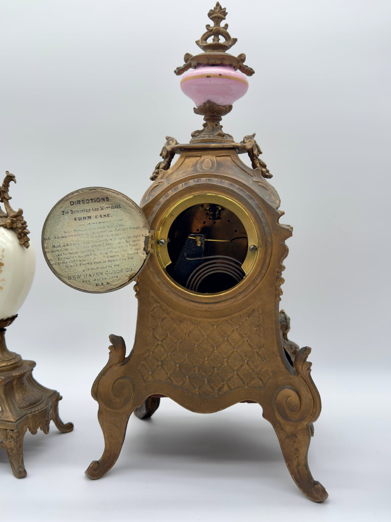 Antique New Haven Mantle Clock, French Porcelain Egg Urn Set - 3