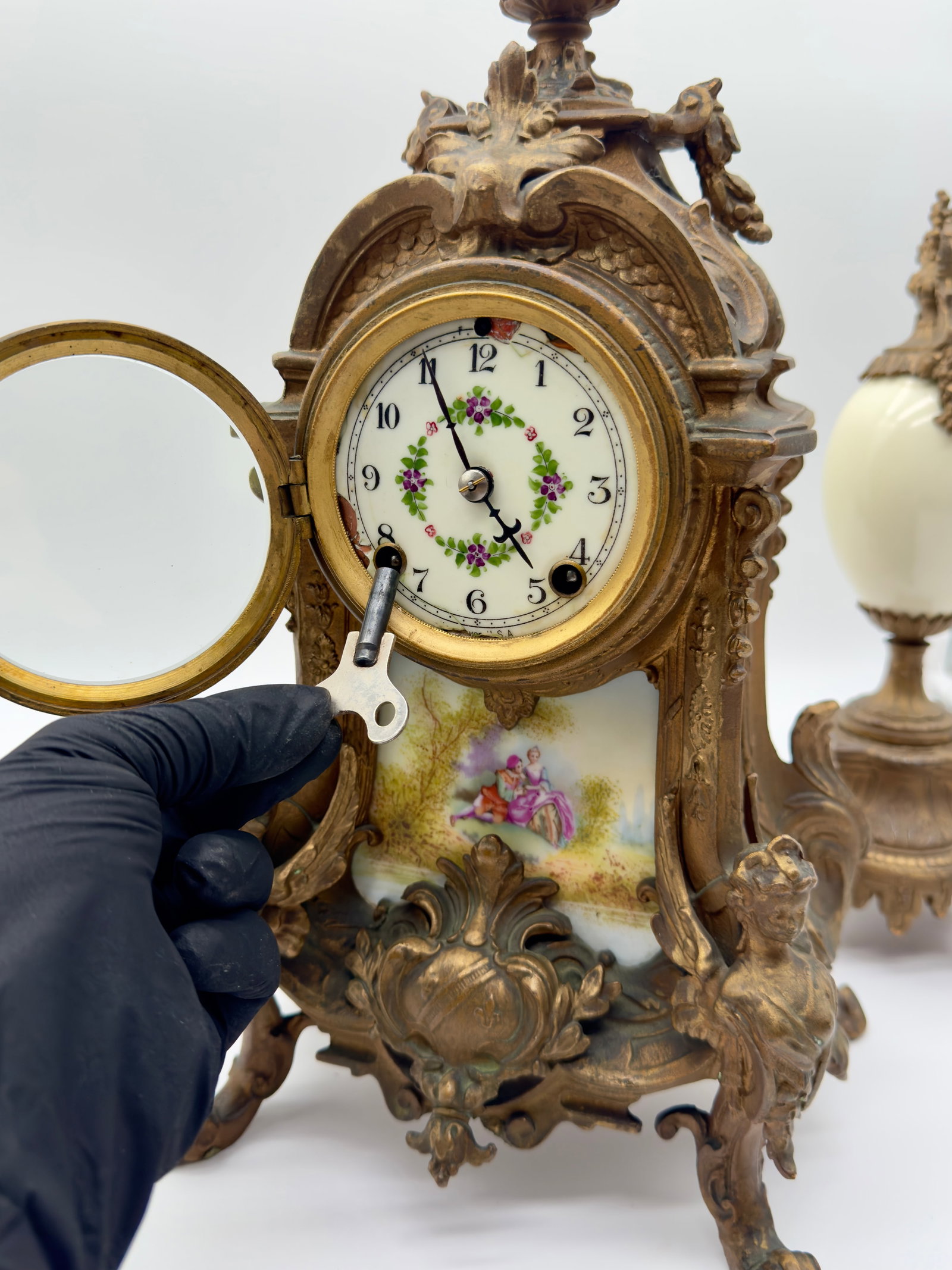 Antique New Haven Mantle Clock, French Porcelain Egg Urn Set - 4