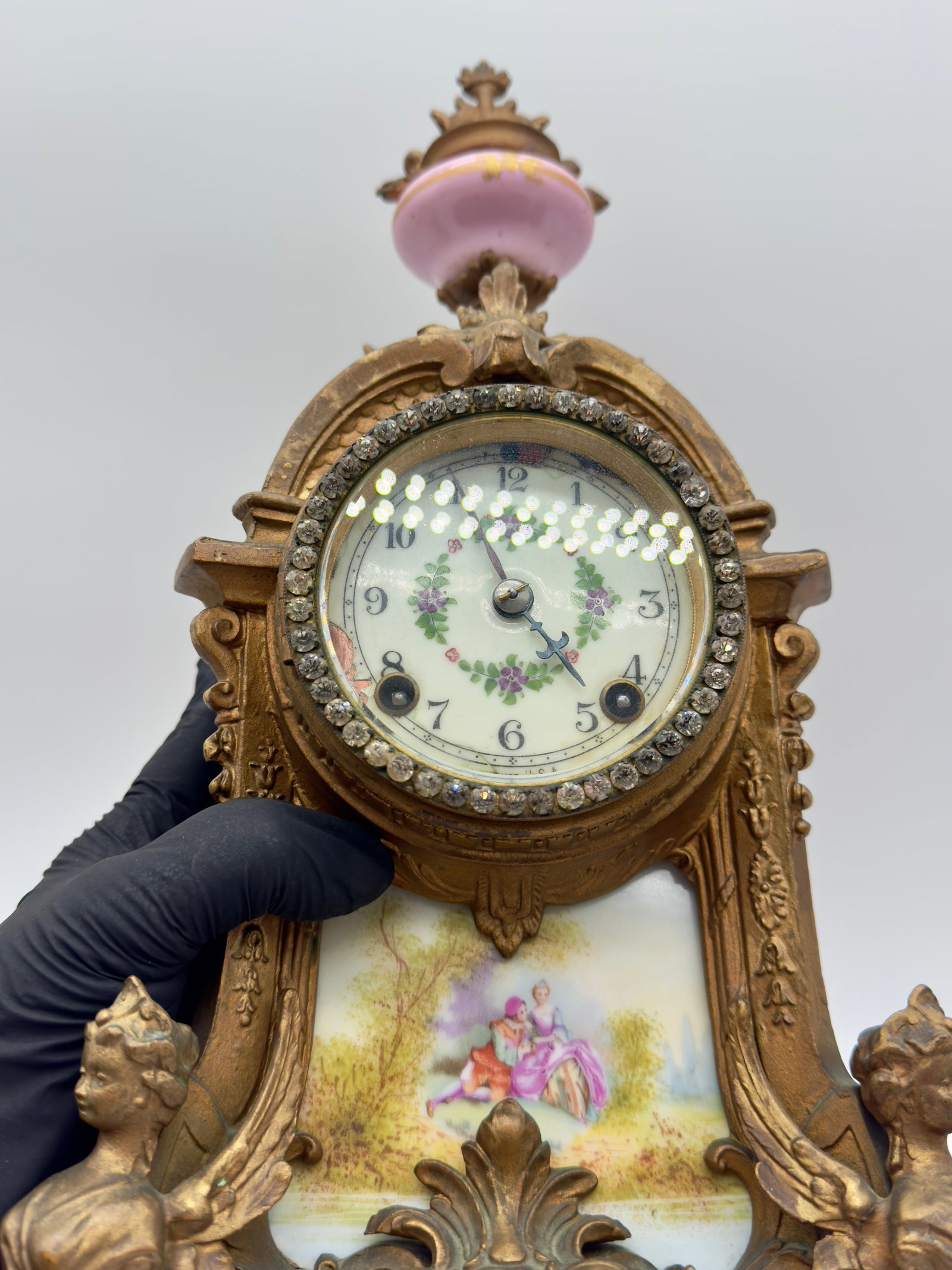 Antique New Haven Mantle Clock, French Porcelain Egg Urn Set - 5