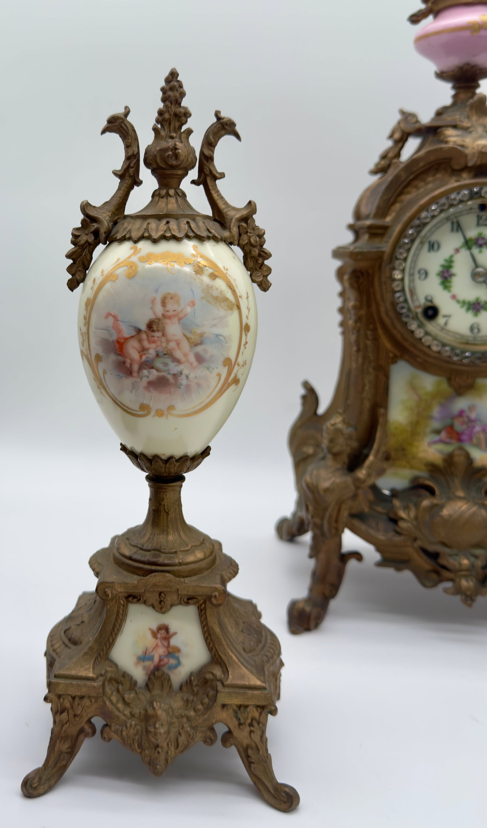 Antique New Haven Mantle Clock, French Porcelain Egg Urn Set - 8