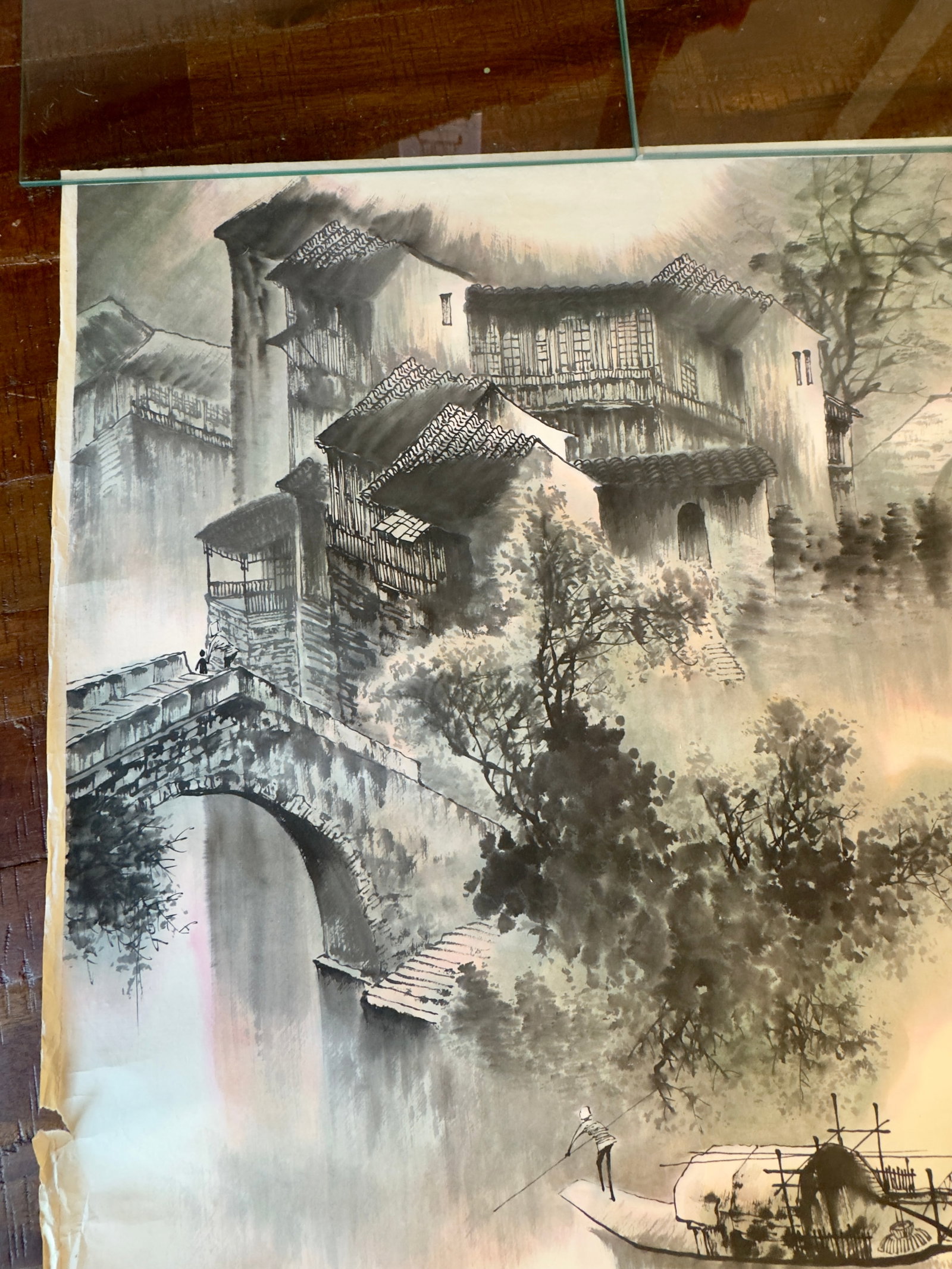 Traditional Chinese Ink Wash Scroll Painting ( Shui Mo Hua ) Village Scene , Signed - 4
