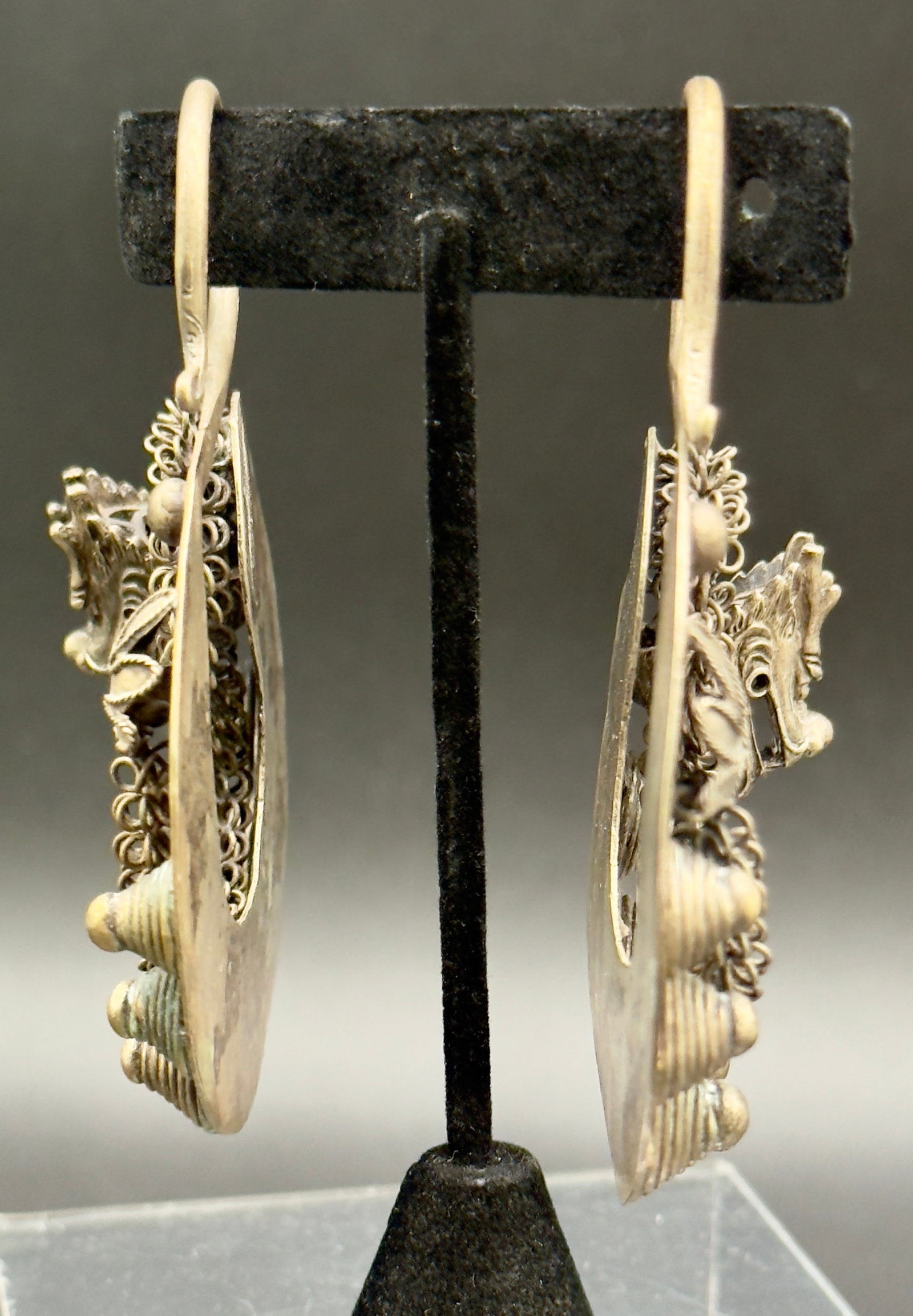 Vintage Miao Tribal Silver Dragon Earrings. Asian Tribal Jewelry, A Pair - 2
