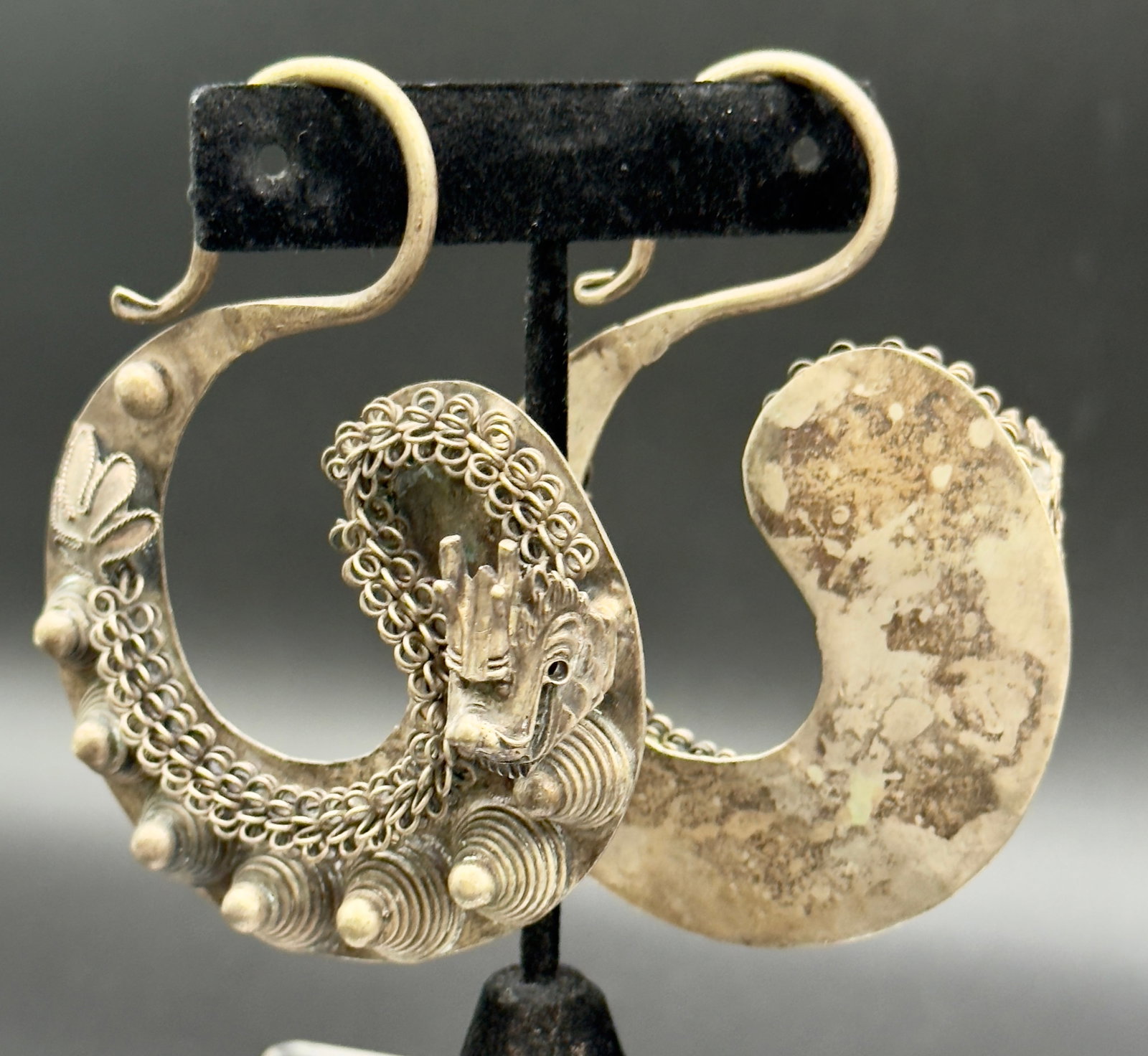Vintage Miao Tribal Silver Dragon Earrings. Asian Tribal Jewelry, A Pair - 3
