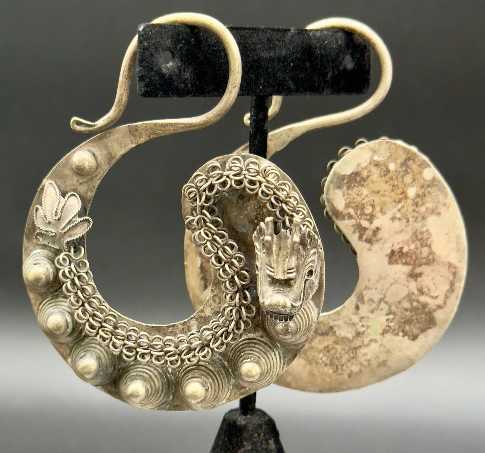Vintage Miao Tribal Silver Dragon Earrings. Asian Tribal Jewelry, A Pair - 5