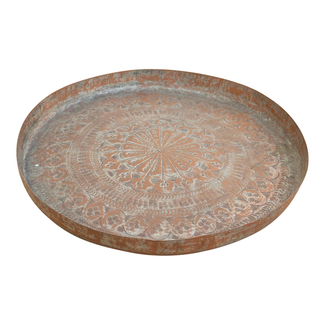 Copper Mandala, Antique Tinned Ceremonial Platter: This piece is mesmerizing because of its precision. The surface is covered in tight, concentric bands of hand-engraved floral and geometric motifs that radiate from the center like a mandala. It