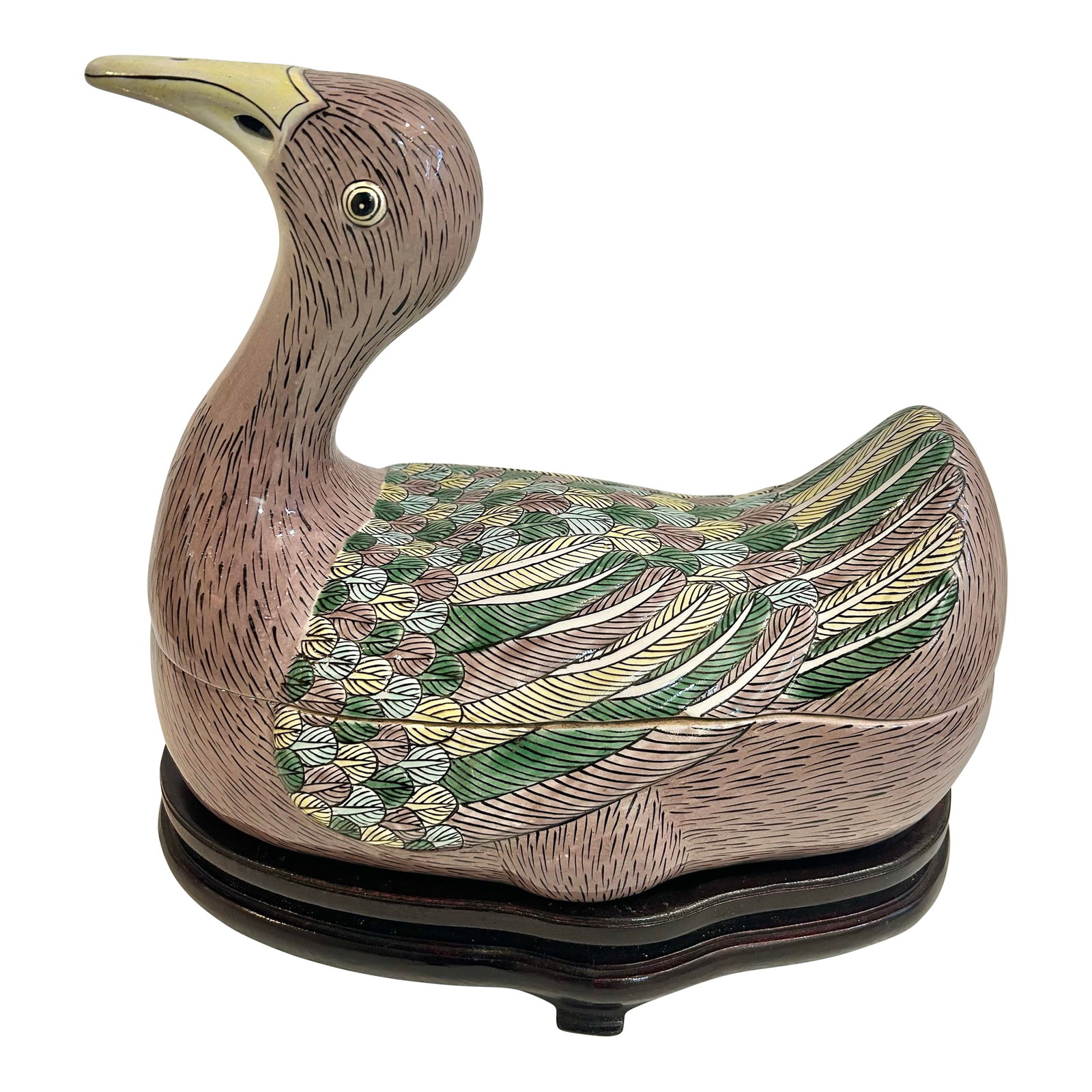 Mid 20th Century Chinoiserie Duck or Goose Tureen on Carved Wood Stand: Perfect to display as a centerpiece or on a sideboard, this tureen has a chinoiserie flair. Part of a collection amassed in the 1960's in the Orient, it is hand painted earthenware and sits on a