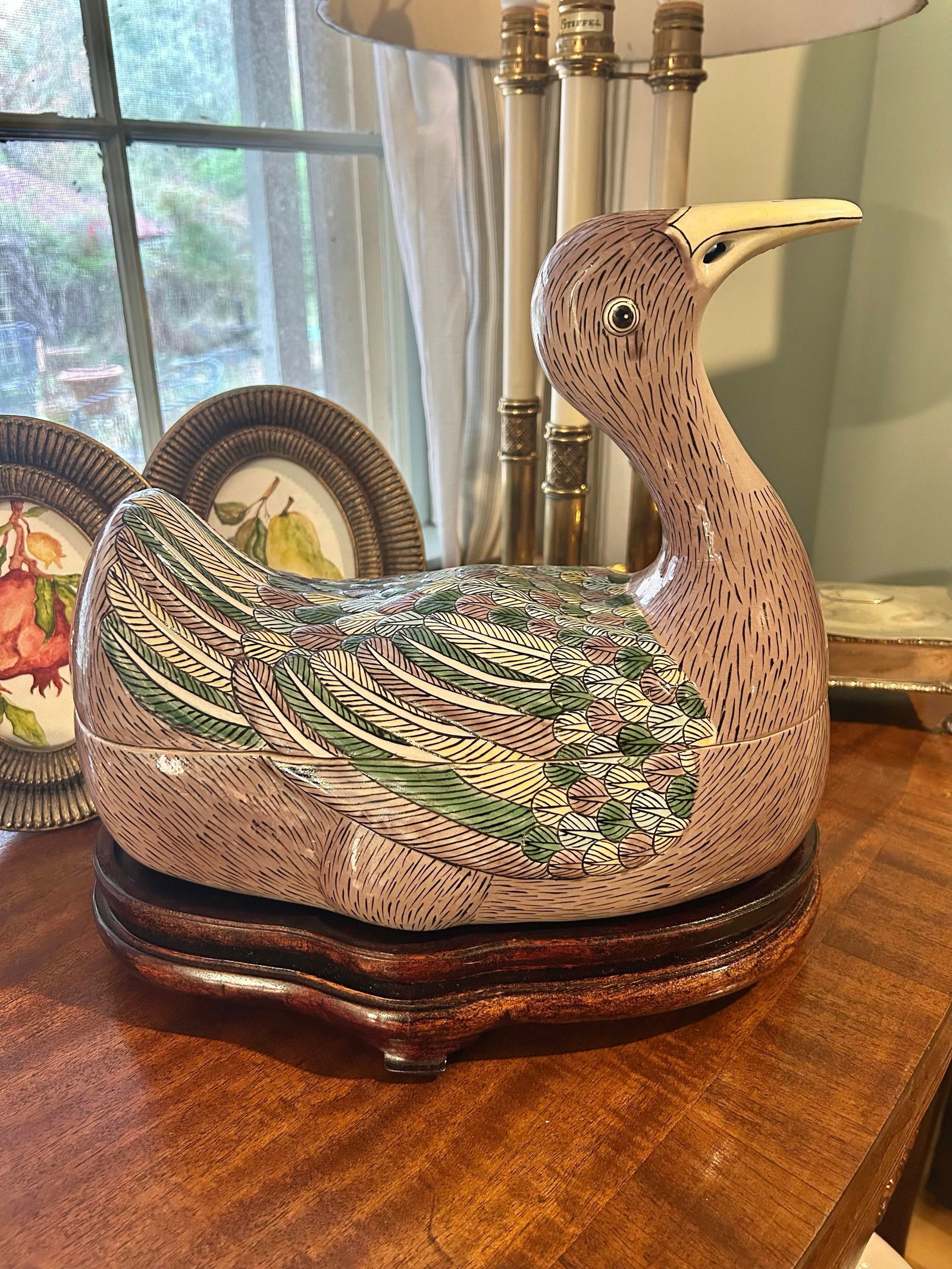 Mid 20th Century Chinoiserie Duck or Goose Tureen on Carved Wood Stand - 2