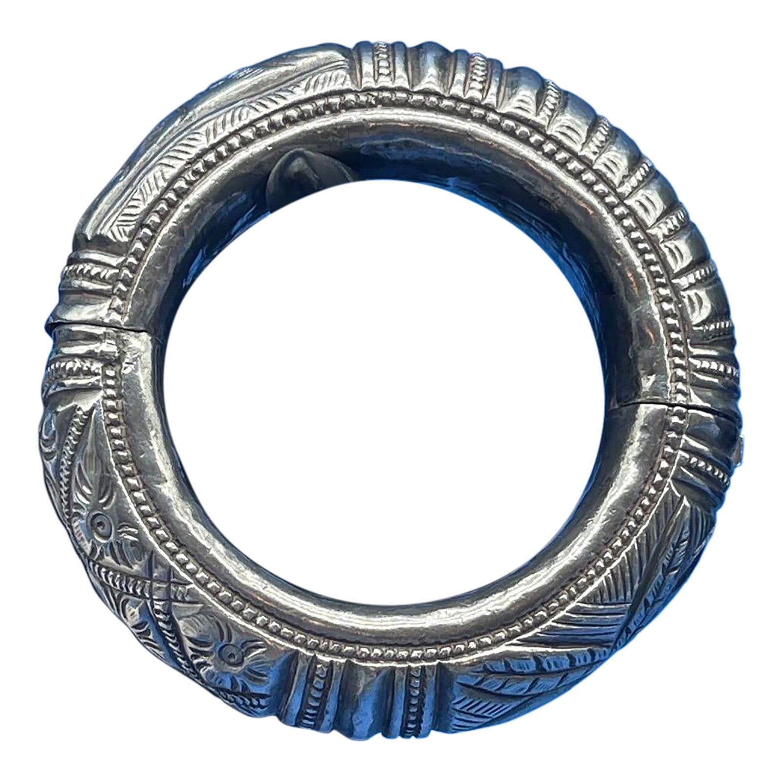 Antique Indian Rajasthan Sterling Silver Hinged Bangle Bracelet: Rare Find! Beautiful antique tribal silver hollow hinge bangle. Not signed but sterling tested, purity .925. Pictures show you each and every angle of this bracelet, no hidden damage. Natural patina