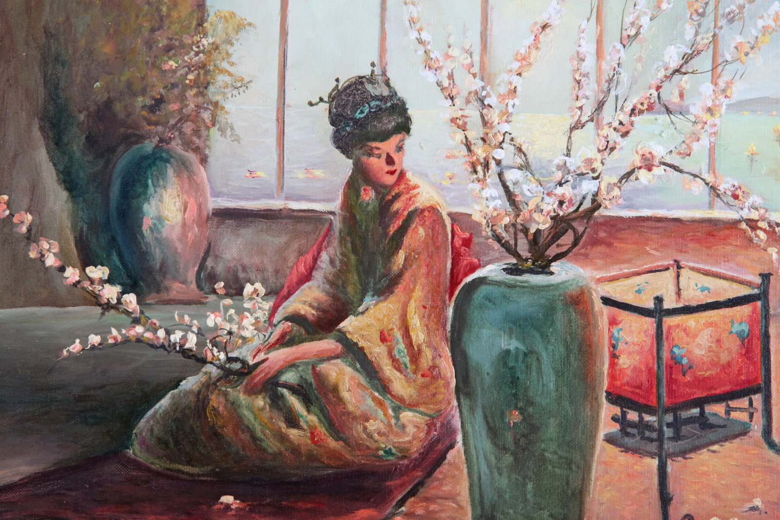 Vintage Oil on Canvas Painting Japanese Woman With Cherry Blossom Tree - 2