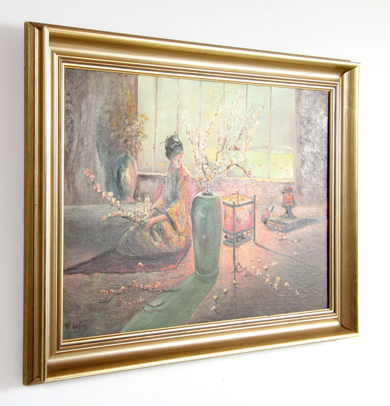 Vintage Oil on Canvas Painting Japanese Woman With Cherry Blossom Tree - 7