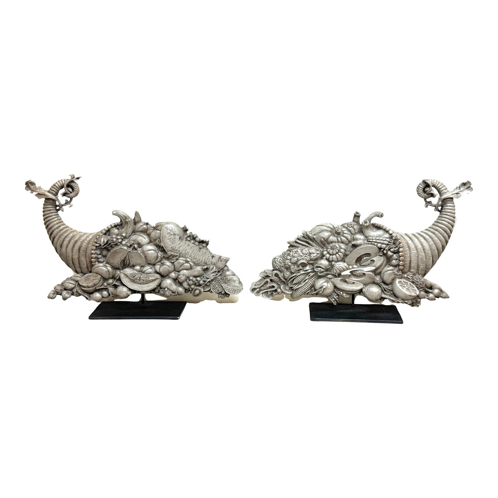 Pair of Continental Carved and Polychromed Wooden Cornucopias, 19th Century: Pair of Continental Carved and Polychromed Wooden Cornucopias, 19th Century These finely carved and polychromed wooden cornucopias exemplify the enduring symbolic power of the horn of plenty in