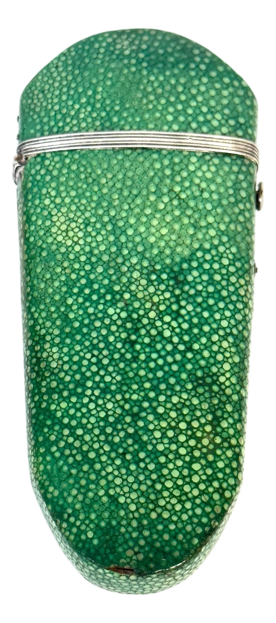 18th Century Green Shagreen and Silver Eyeglass Case with Monogram: 18th Century Green Shagreen and Silver Eyeglass Case with Monogram England or France, circa 1760–1780 Dimensions: 5" H × 2.5" W × 0.5" D Interior measures 3"d x 1.25 w A refined