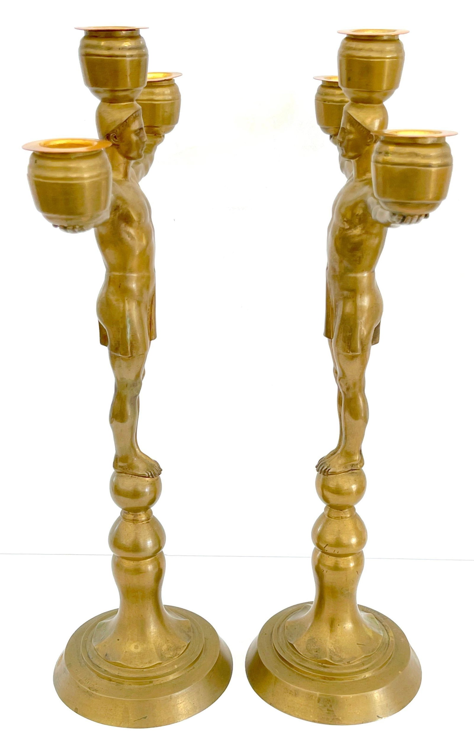 Hans Harry Liebmann, Pair Art Deco Bronze Draped Male Greco-Roman Candelabra - 14