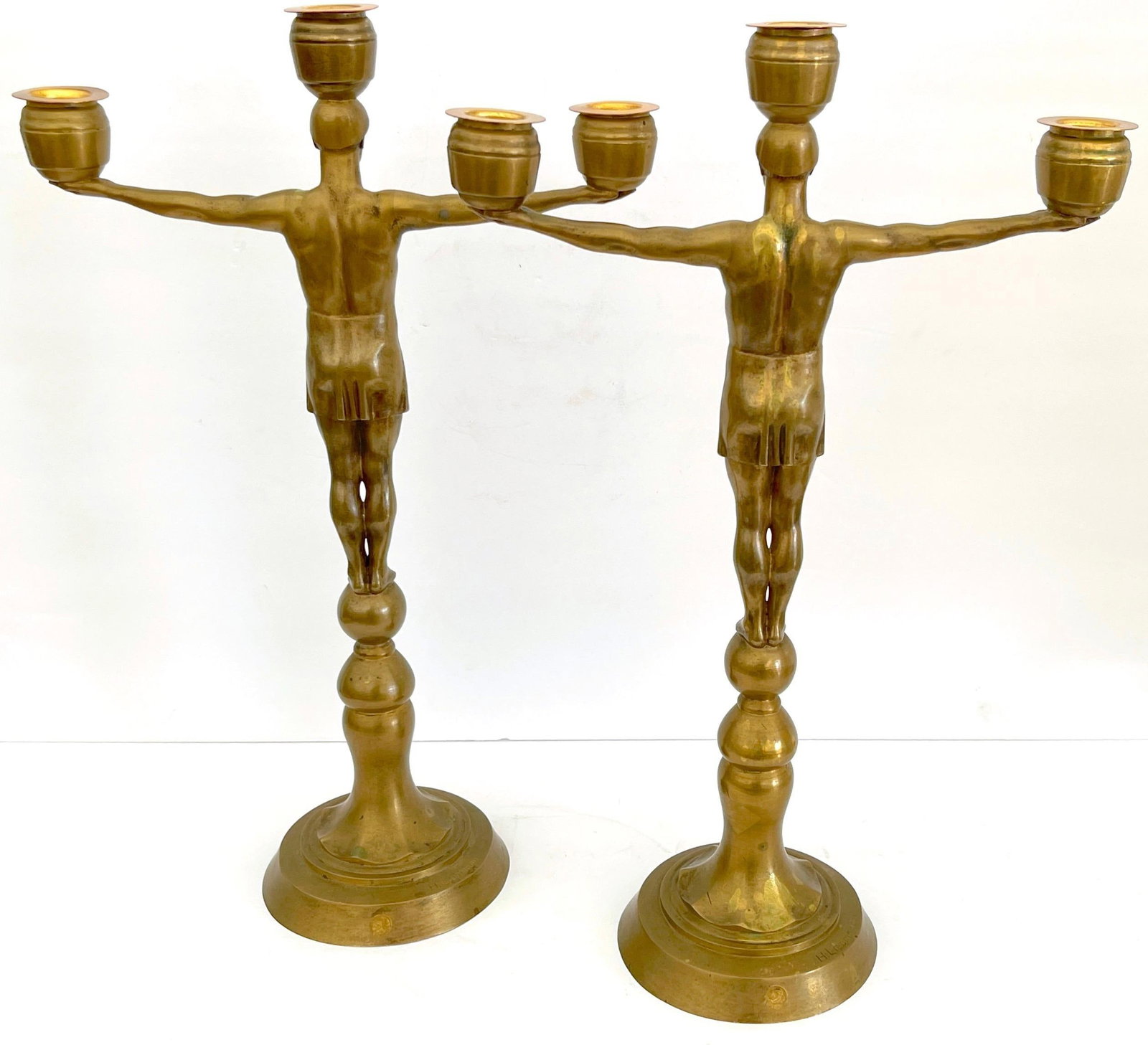 Hans Harry Liebmann, Pair Art Deco Bronze Draped Male Greco-Roman Candelabra - 15