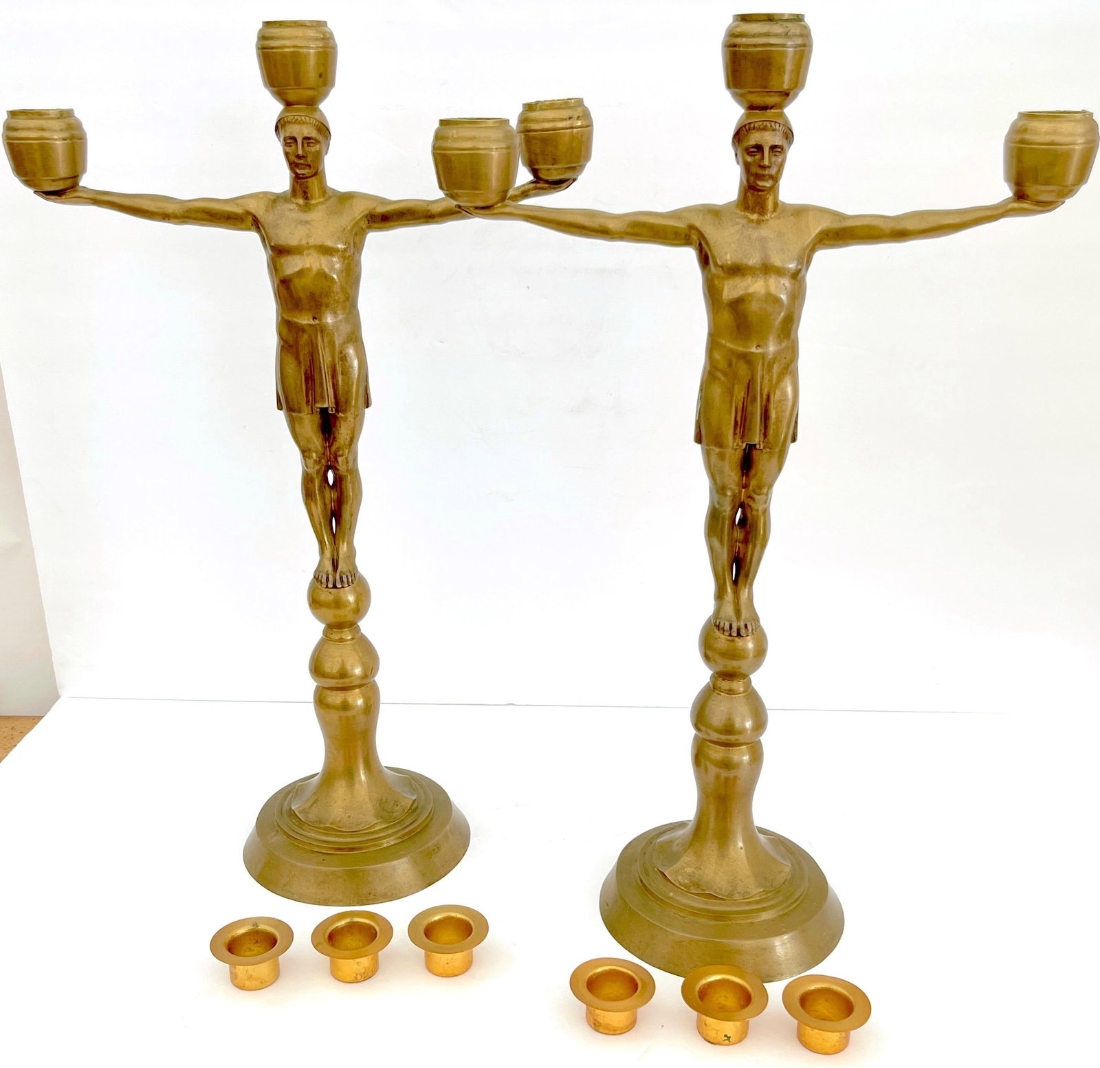 Hans Harry Liebmann, Pair Art Deco Bronze Draped Male Greco-Roman Candelabra - 4