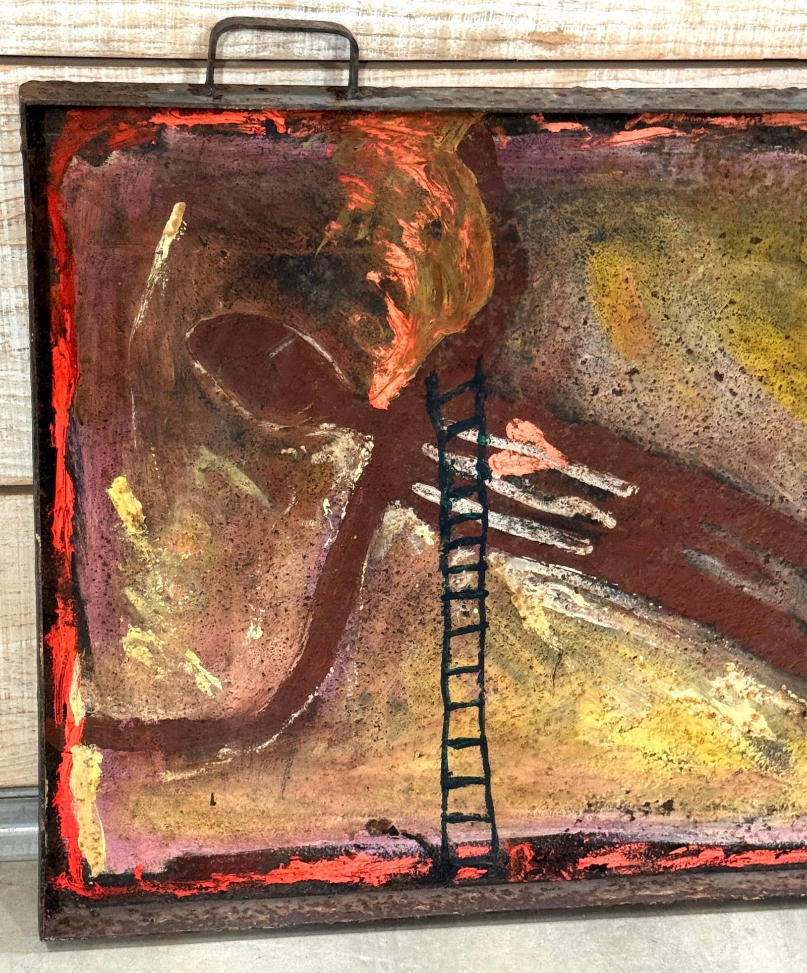 Purvis Young "Burning Man" Monumental Outsider Painting on Found Steel Tray - 2