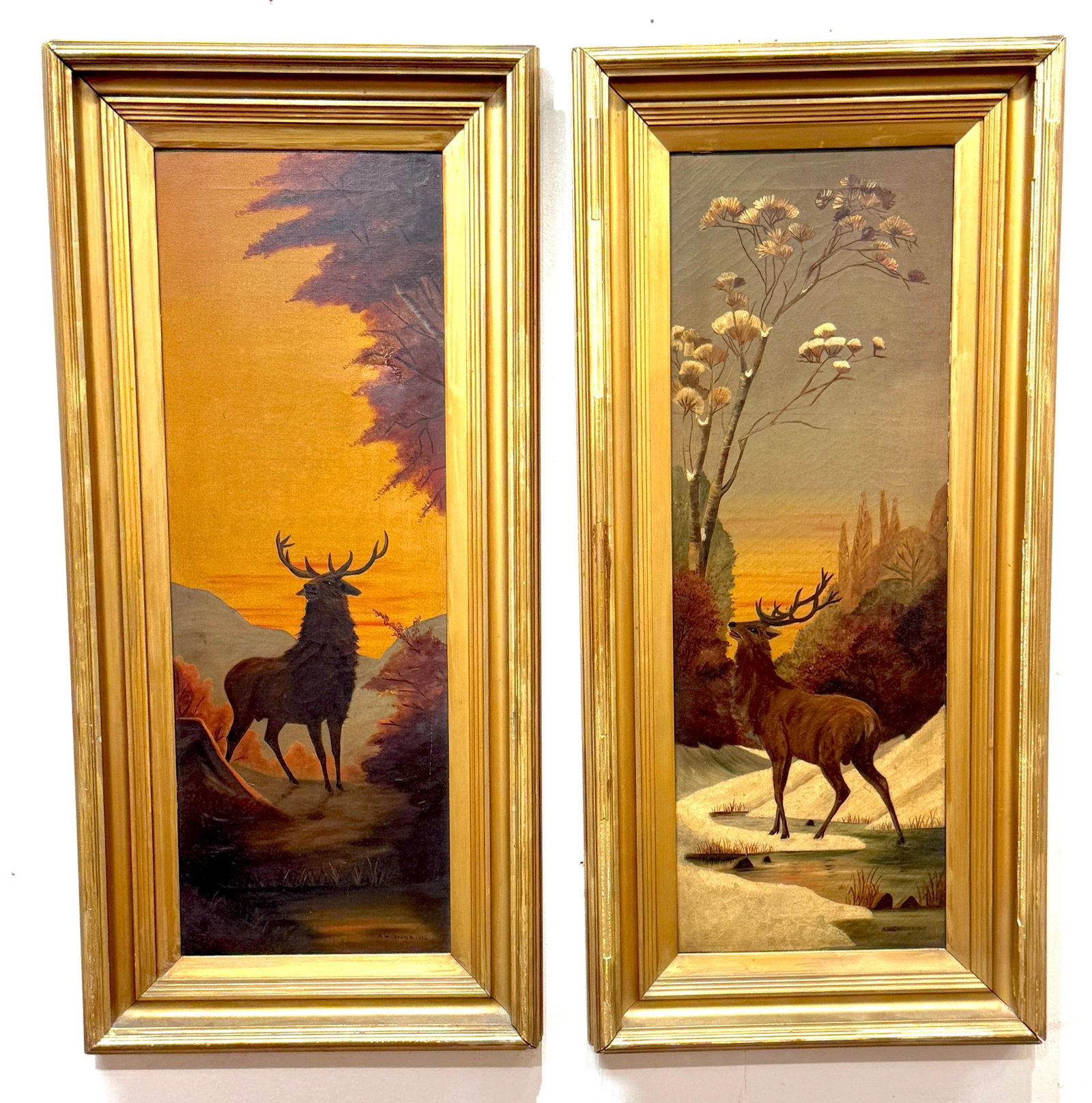Pair American Sporting Paintings Elk & White-Tailed Deer Buck, Signed A. Crozier - 2