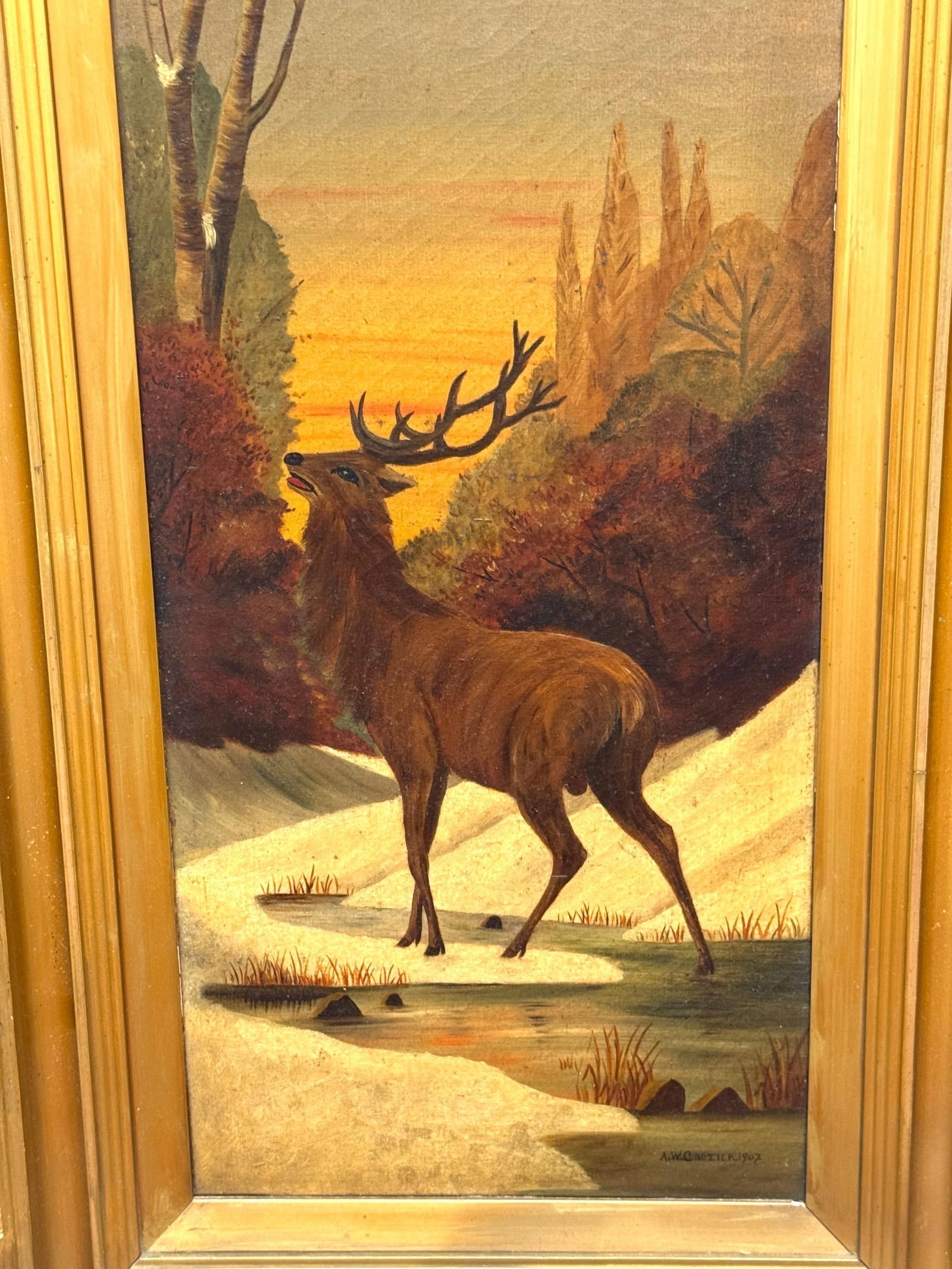 Pair American Sporting Paintings Elk & White-Tailed Deer Buck, Signed A. Crozier - 4