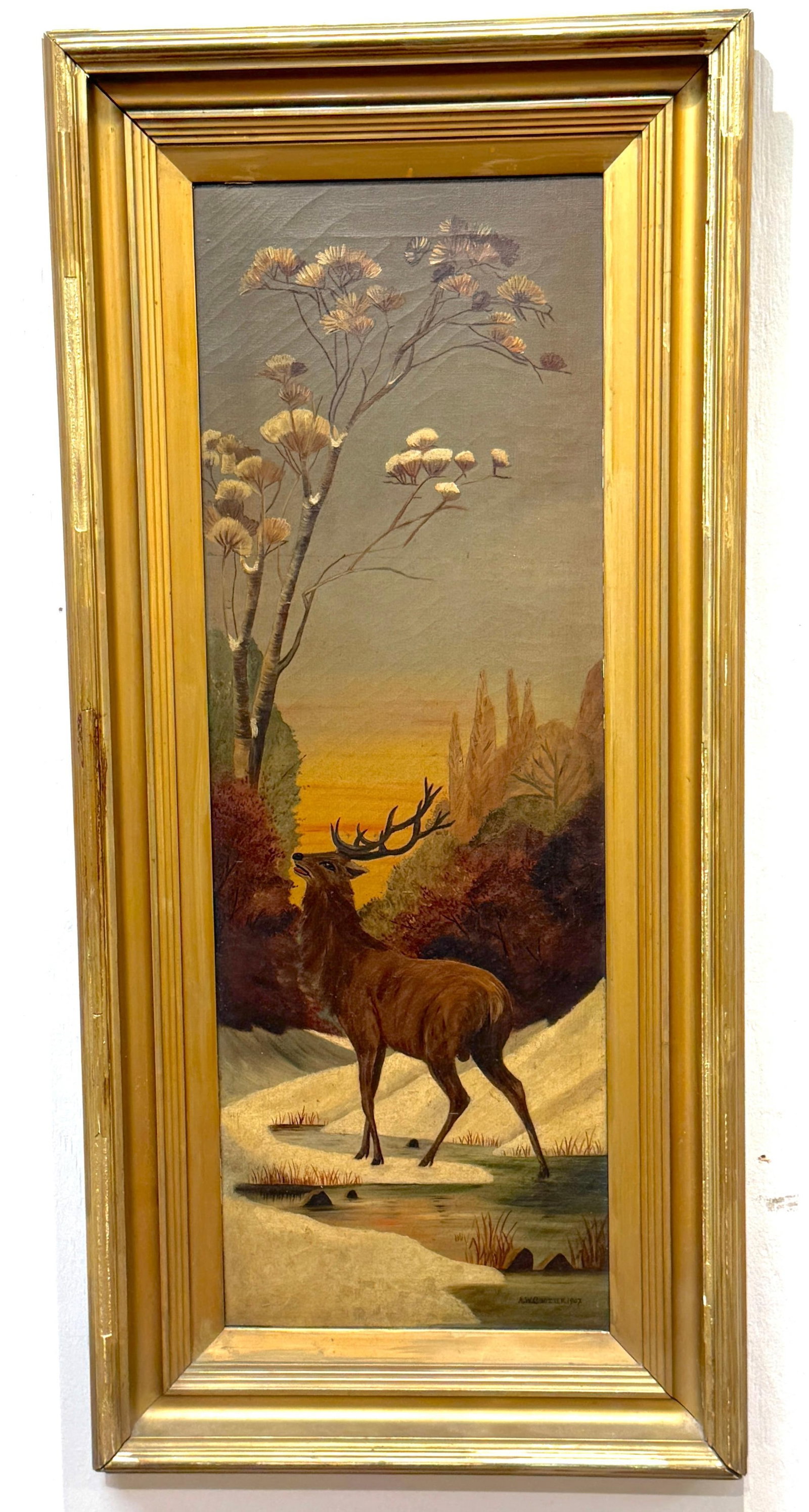 Pair American Sporting Paintings Elk & White-Tailed Deer Buck, Signed A. Crozier - 5