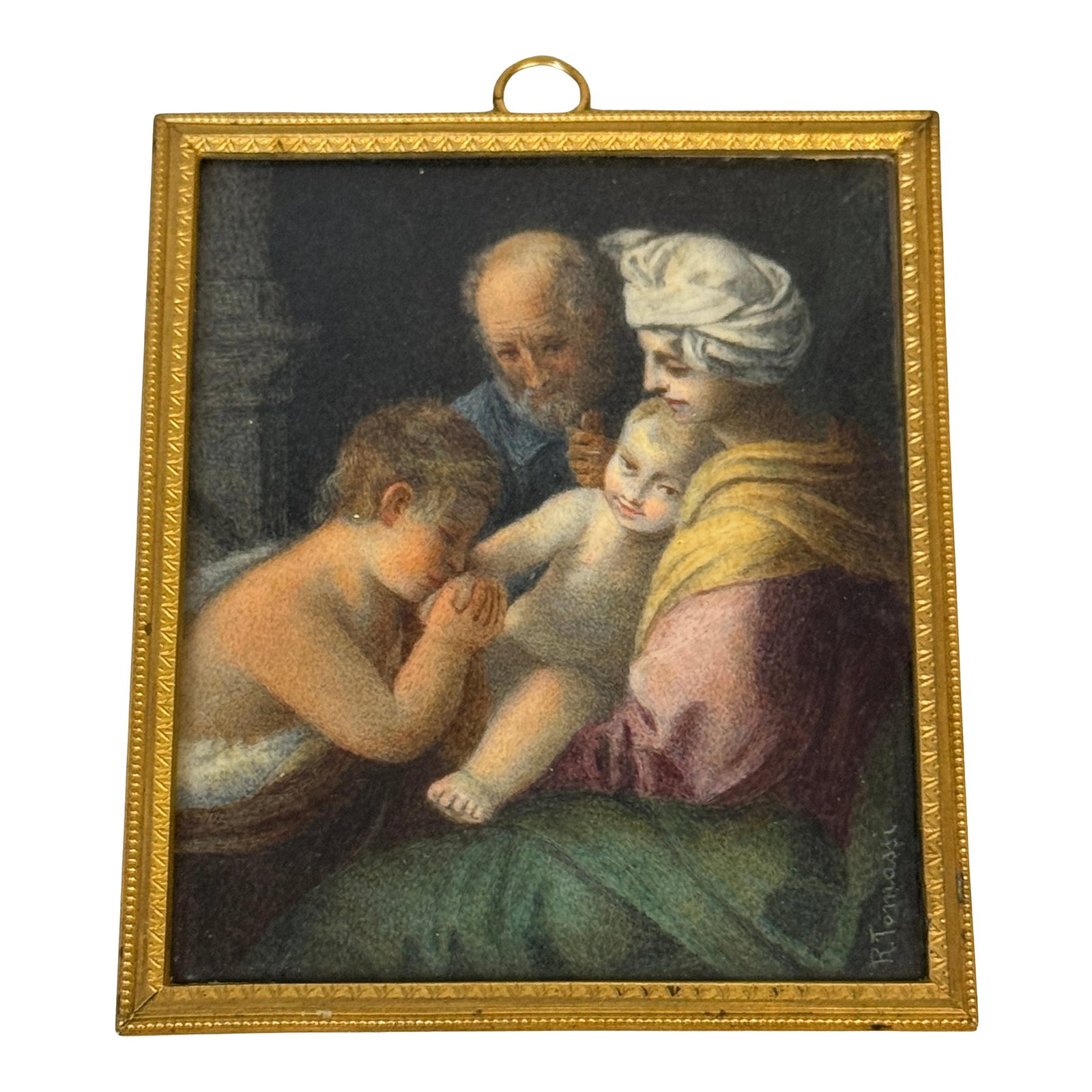 Italian Grand Tour Miniature of the Holy Family, Signed R. Tomassi, Rome, 19th C: Italian Grand Tour Miniature of the Holy Family, Signed R. Tomassi, Rome, 19th Century Measurements: 3" wide x 4" high (4.5" to top of hanging ring) A finely painted Italian miniature signed lower