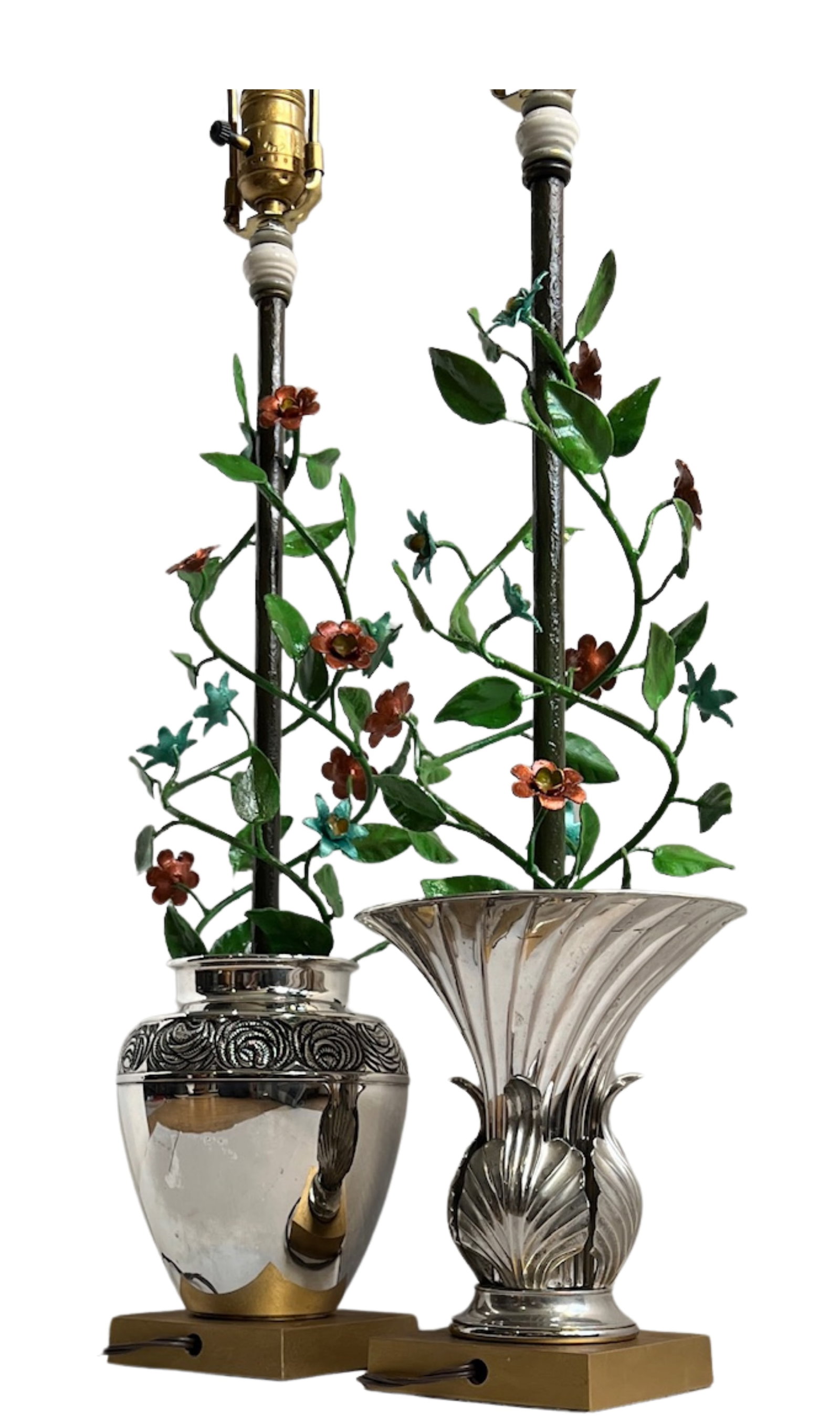 Vintage Tole Floral Topiary Silver Plate Cache Pot Table Lamp - A Pair - 3