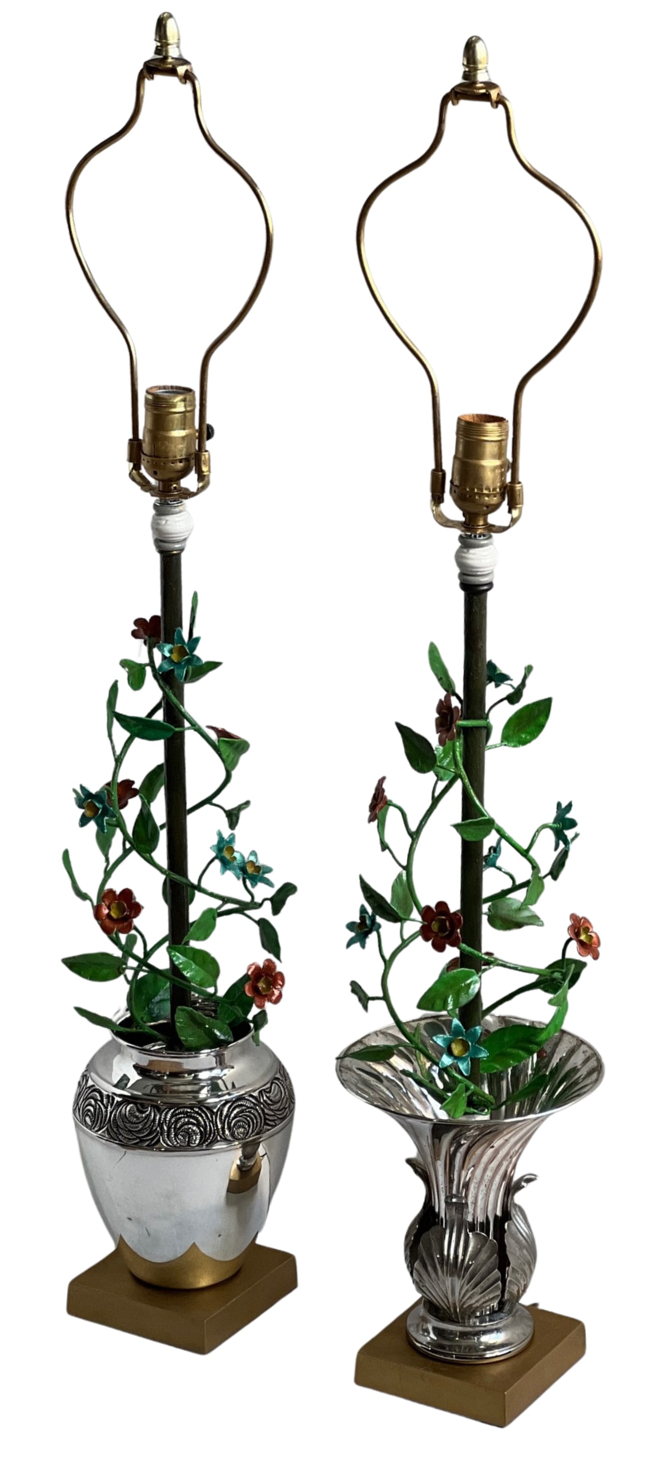 Vintage Tole Floral Topiary Silver Plate Cache Pot Table Lamp - A Pair - 5