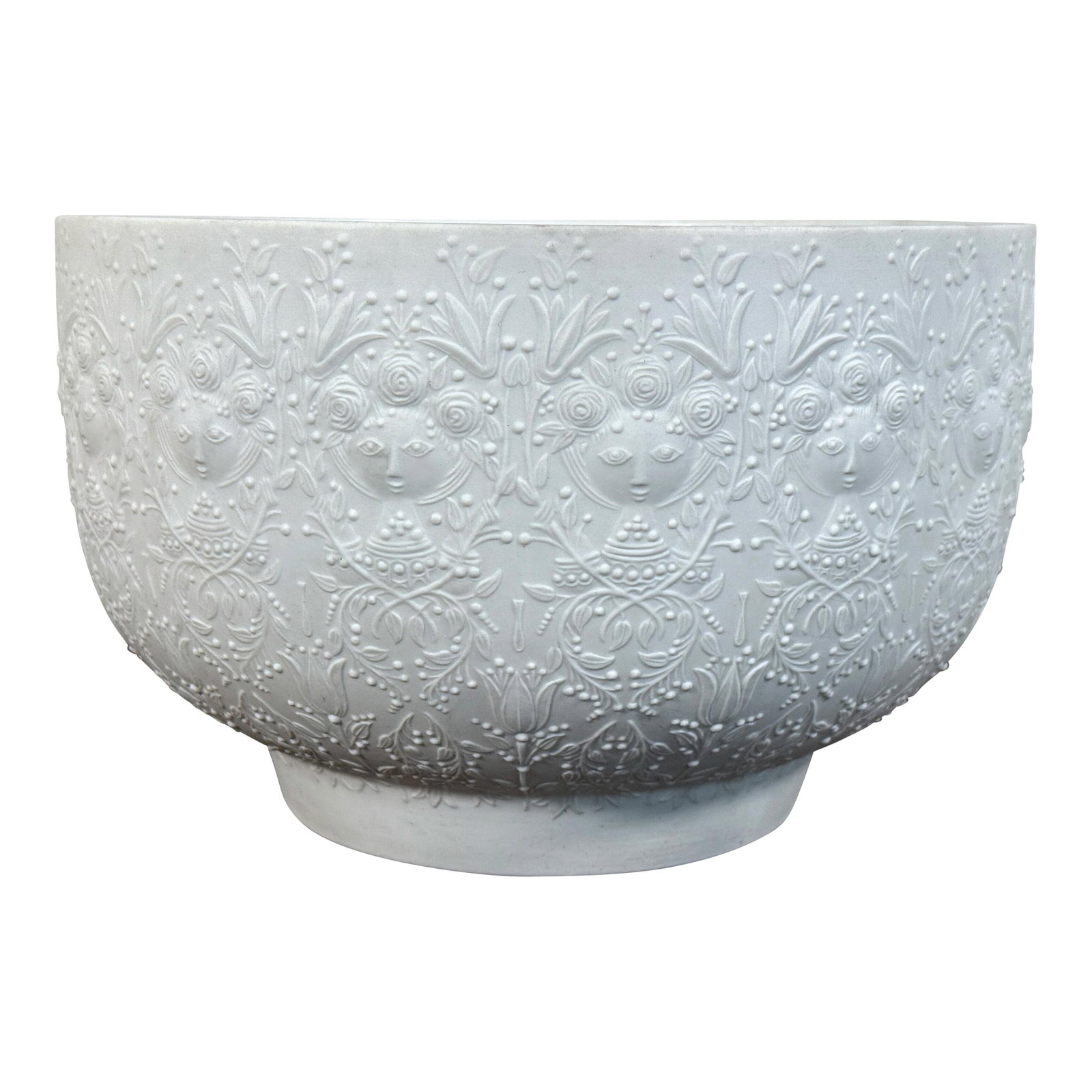 Mid Century Rosenthal Bjorn Wiinblad Romanze White Relief Porcelain Bowl Sculptural Design: Mid century porcelain bowl designed by BjÃ¸rn Wiinblad for Rosenthal Studio-Linie, featuring the Romanze pattern with crisp white relief figures, florals, and folkloric motifs wrapping the