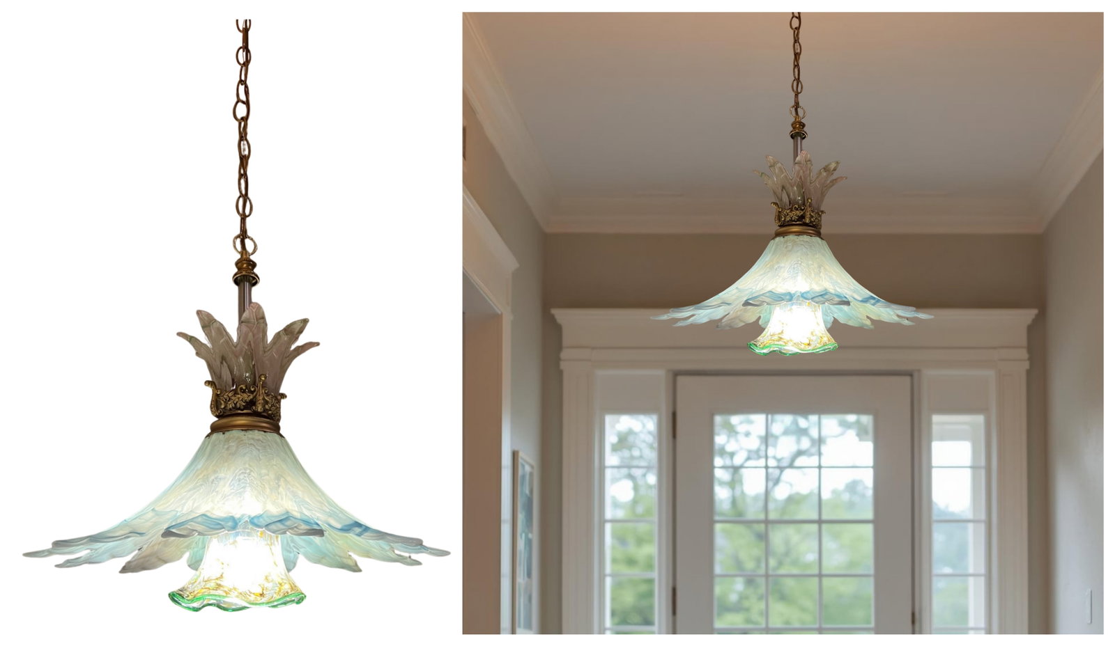 Vintage 3 Tiered Murano Art Glass 20 In. Wide Abstract Clematis Petal Pendant Lamp - 10