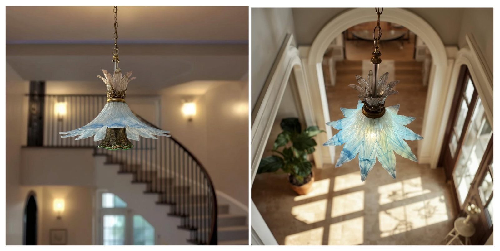 Vintage 3 Tiered Murano Art Glass 20 In. Wide Abstract Clematis Petal Pendant Lamp - 12