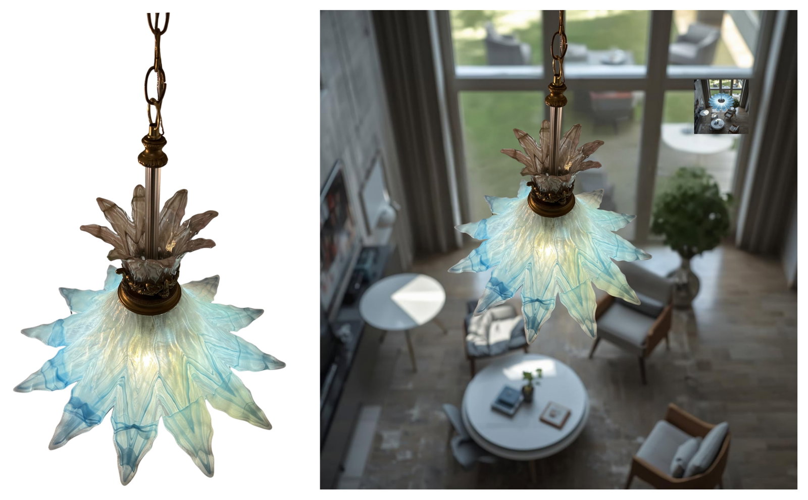 Vintage 3 Tiered Murano Art Glass 20 In. Wide Abstract Clematis Petal Pendant Lamp - 14