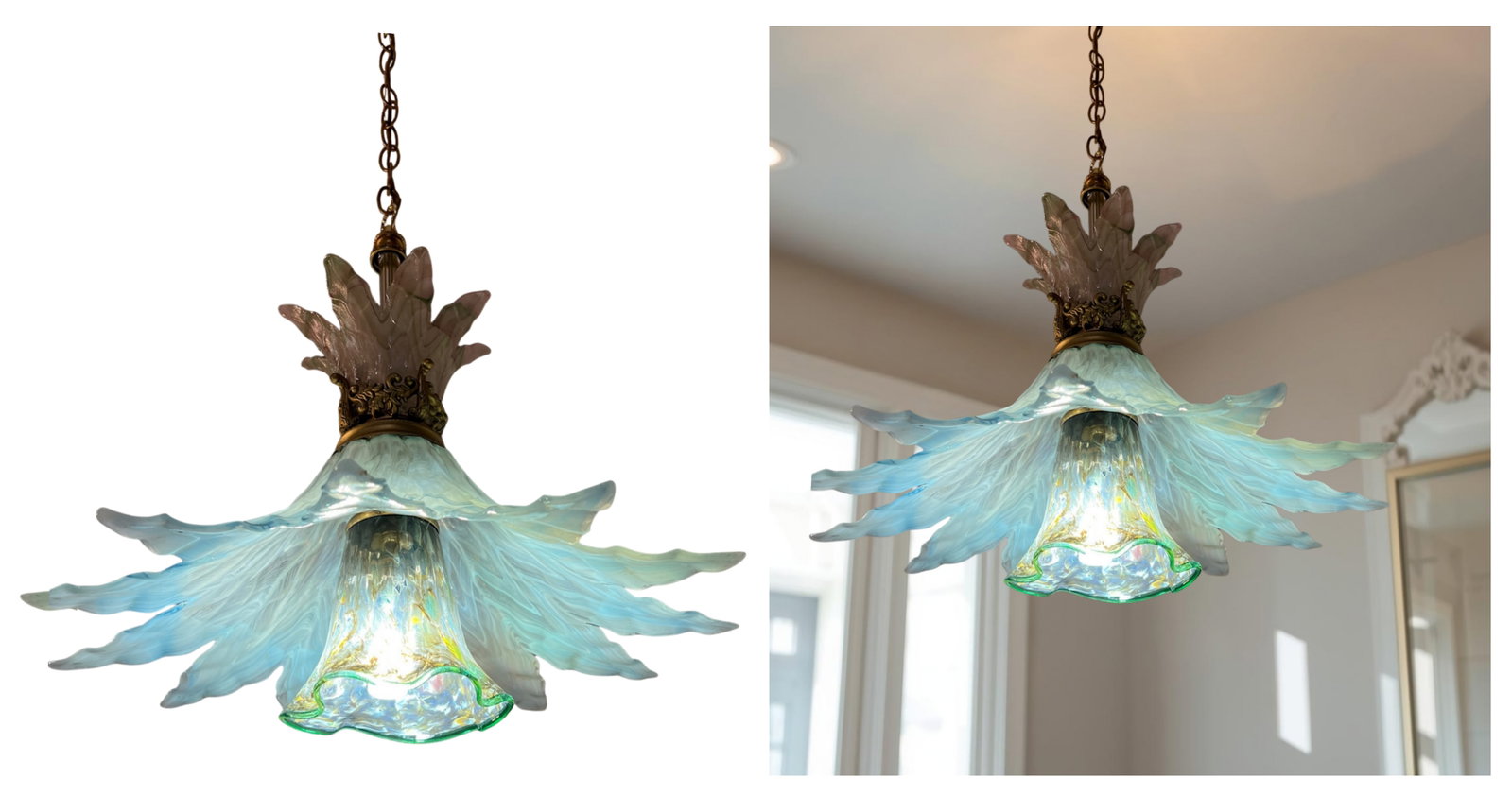 Vintage 3 Tiered Murano Art Glass 20 In. Wide Abstract Clematis Petal Pendant Lamp - 15