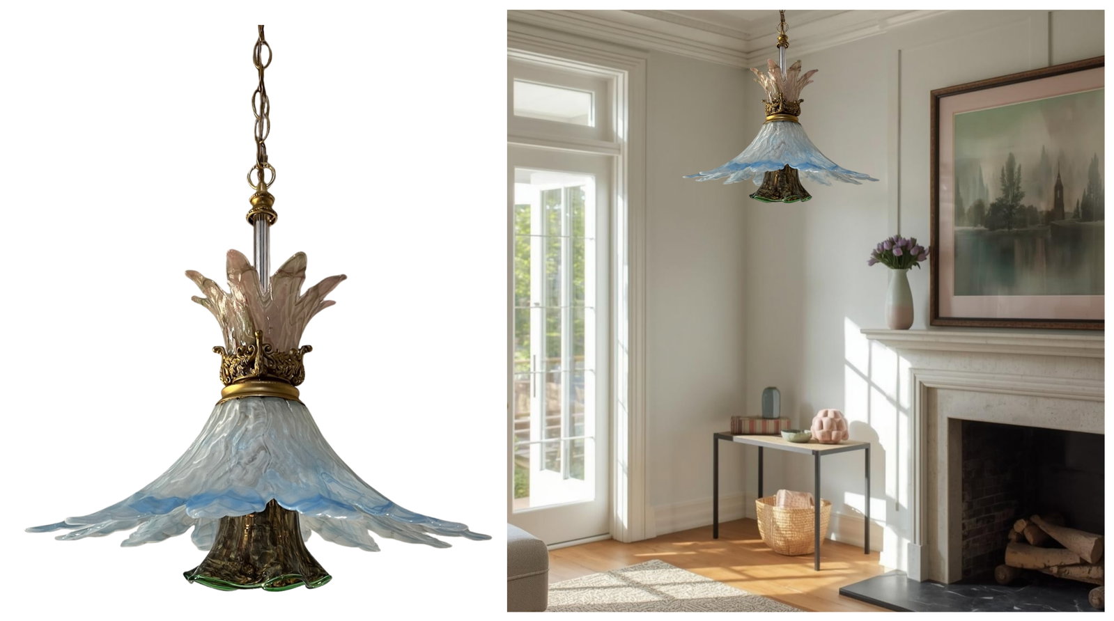 Vintage 3 Tiered Murano Art Glass 20 In. Wide Abstract Clematis Petal Pendant Lamp - 16