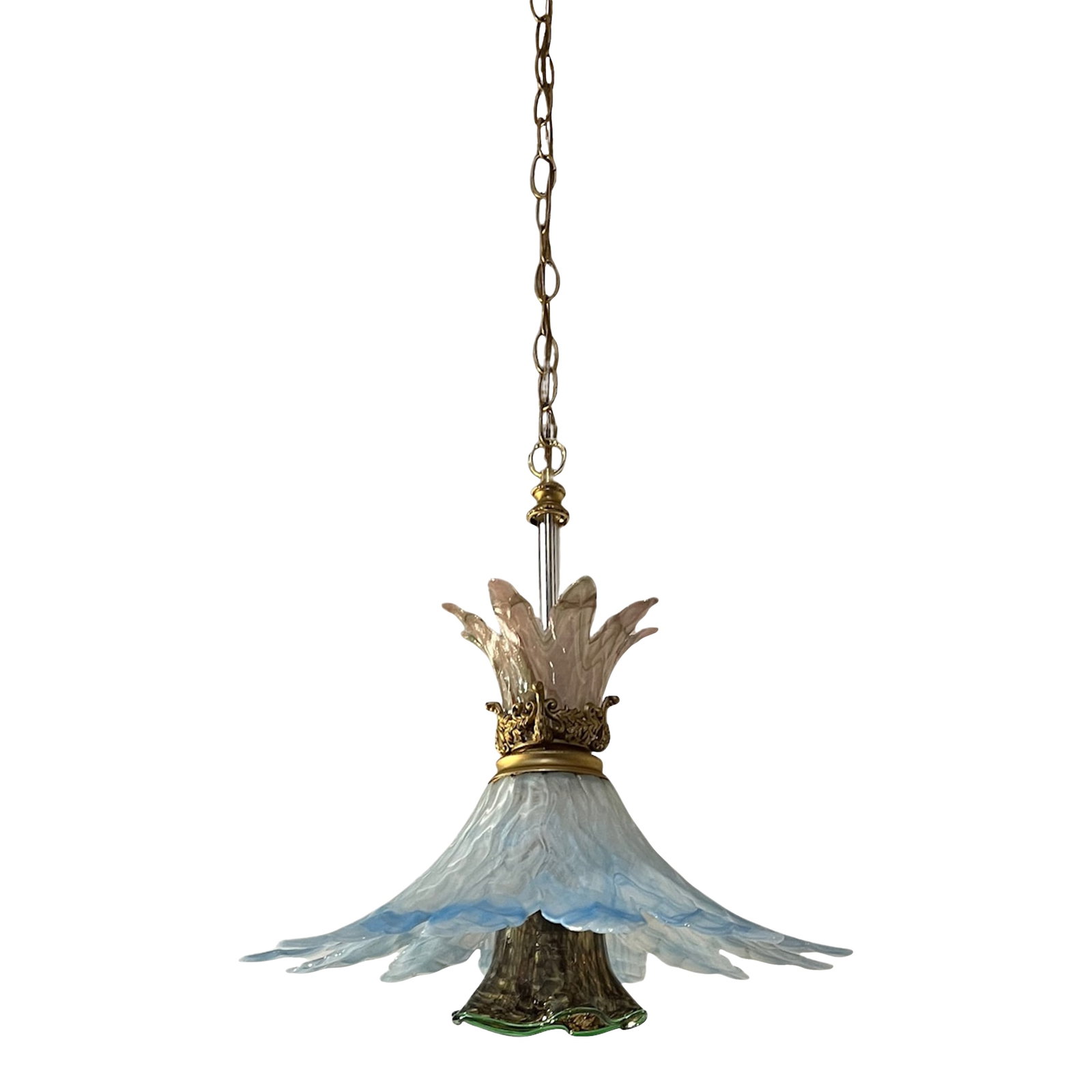 Vintage 3 Tiered Murano Art Glass 20 In. Wide Abstract Clematis Petal Pendant Lamp: This sculptural pendant light blends three pieces of hand-blown Murano glass with original mid-century lamp components, forming an abstract clematis–inspired floral design. Measuring approximate