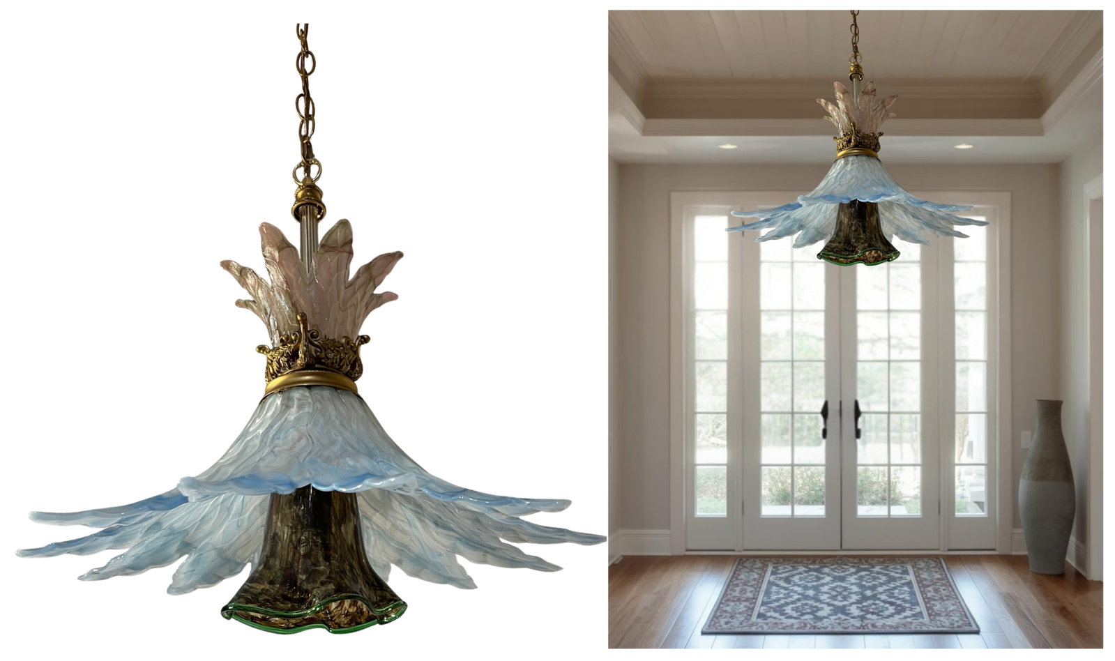 Vintage 3 Tiered Murano Art Glass 20 In. Wide Abstract Clematis Petal Pendant Lamp - 2