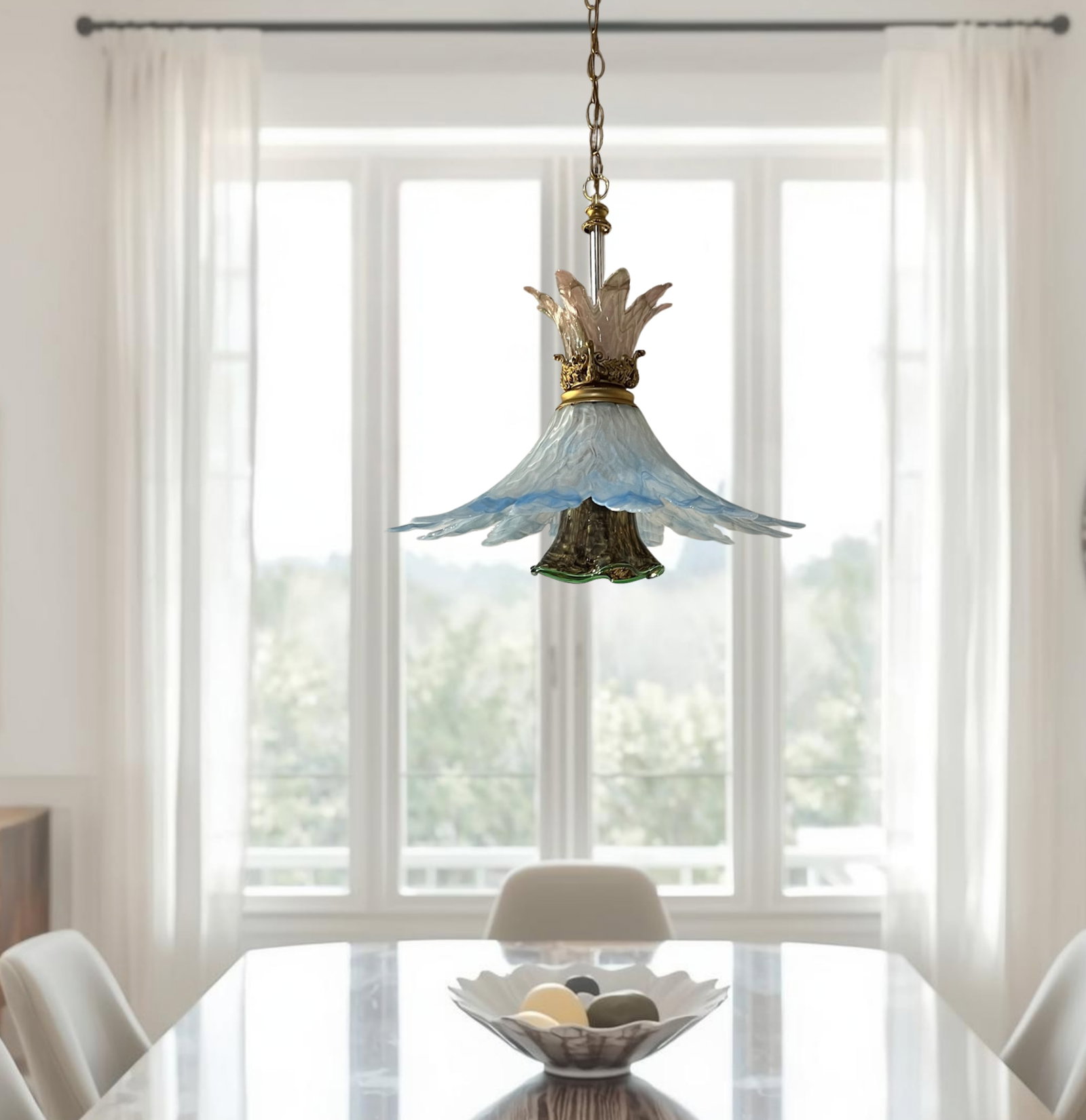 Vintage 3 Tiered Murano Art Glass 20 In. Wide Abstract Clematis Petal Pendant Lamp - 4