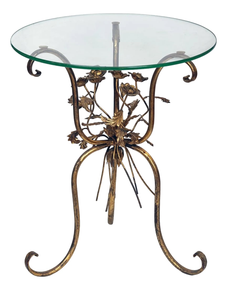 1920s Hollywood Regency Gilt Metal Flowers Bouquet Side Table: A Lovely Antique Hollywood Regency Gilt Metal Flowers Bouquet Side Table with round glass top. A total charmer. Made in Italy. Condition: Alterations: Original Condition Unaltered Imperfections: Some