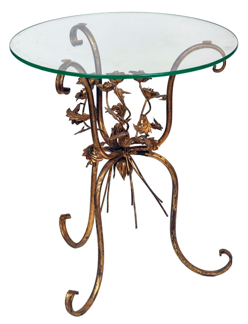 1920s Hollywood Regency Gilt Metal Flowers Bouquet Side Table - 2